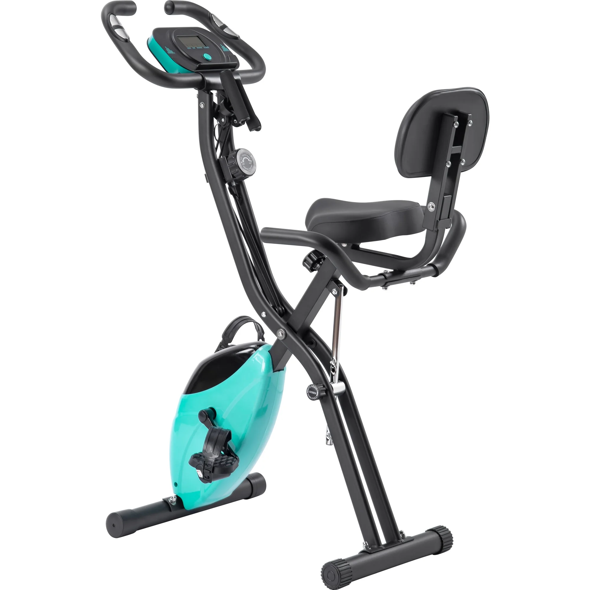 Folding Exercise Bike, Fitness Upright and Recumbent X-Bike with 10-Level Adjustable Resistance, Arm Bands and Backrest - Womvr