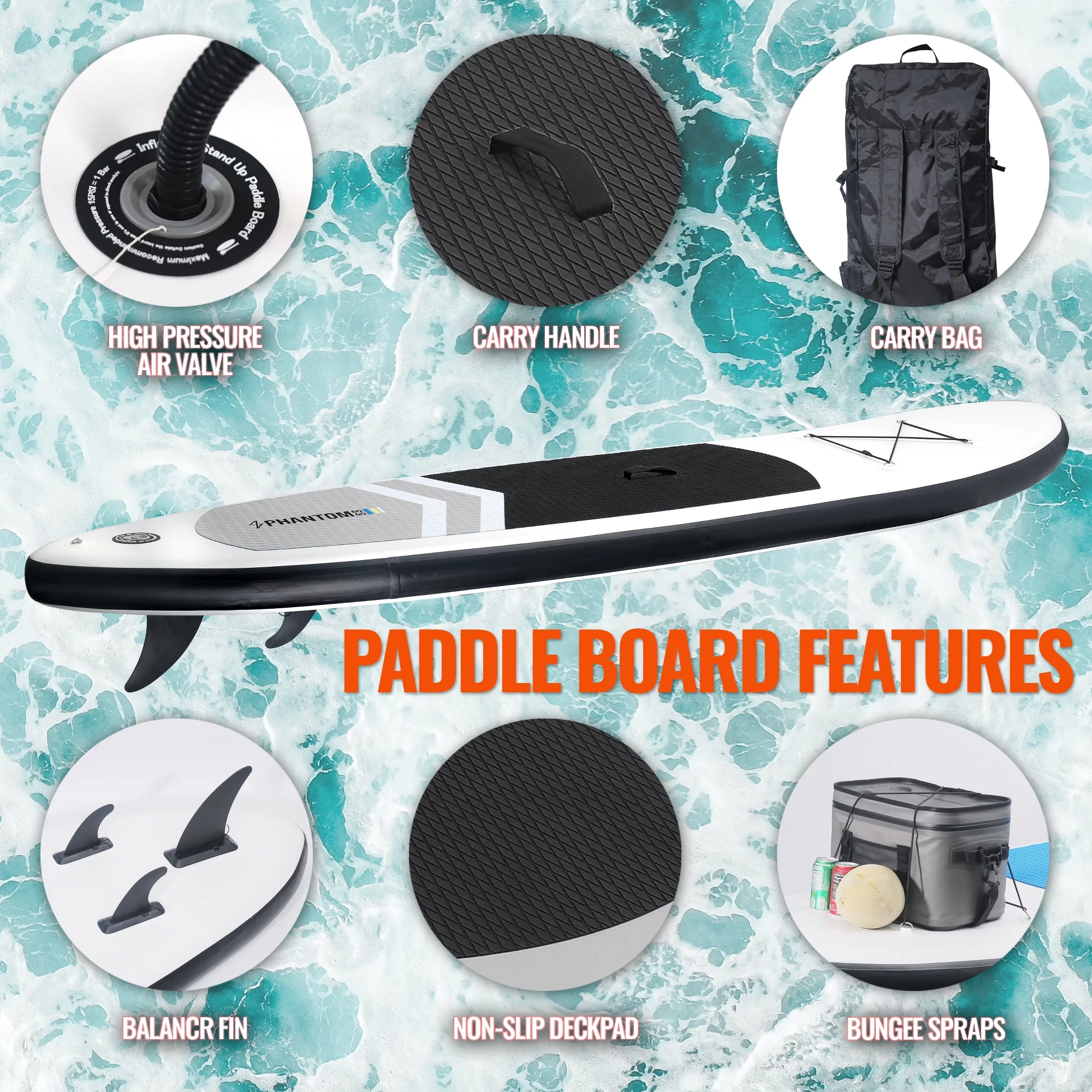Inflatable Stand Up Paddle Board Premium SUP Accessories & Backpack, Surf Control, Non-Slip Deck, Leash, Paddle and Pump, Youth & Adult Standing Boat (Black/Grey) - Womvr