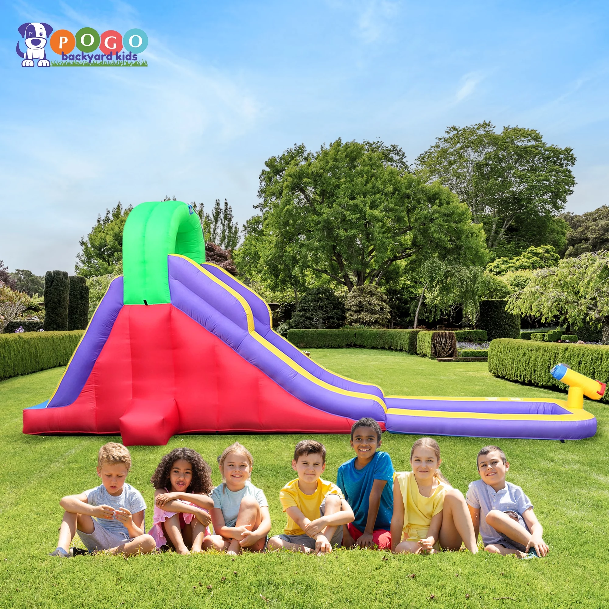 Pogo Bounce House Crossover Kids Inflatable Water Slide Trio, Rainbow, Pink and Tropical, 12 ft - Womvr
