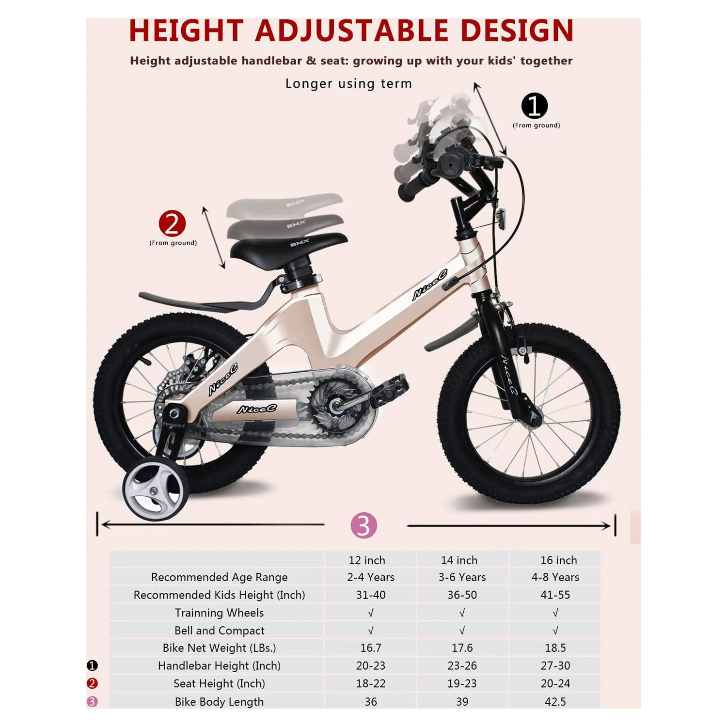 Nice C 12 In., BMX Kids Bicycle, Champagne - Womvr