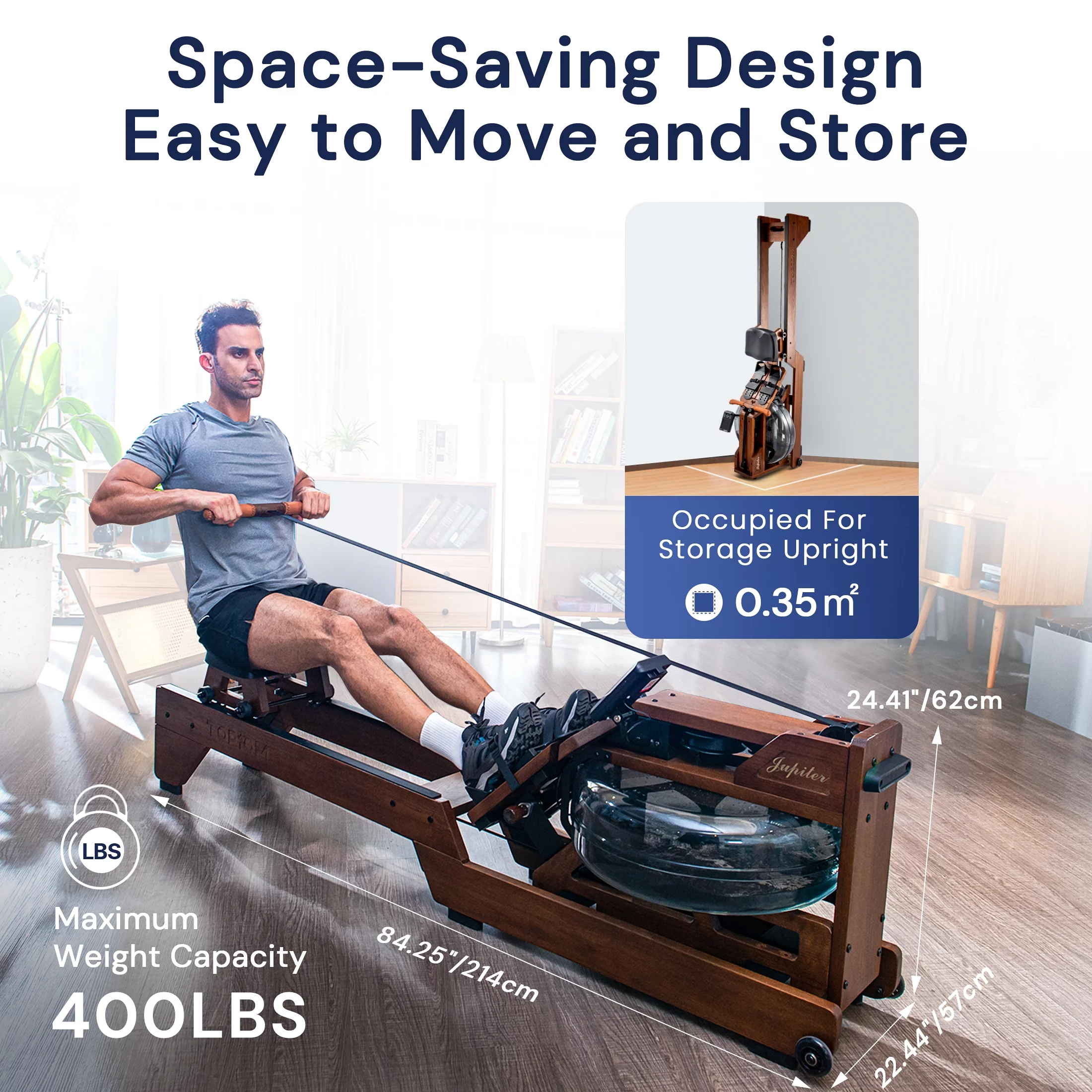 TOPIOM Rowing Machine Oak Wood 400lbs Max Load, Water rowing machine for home use with TM3 Monitor - Womvr