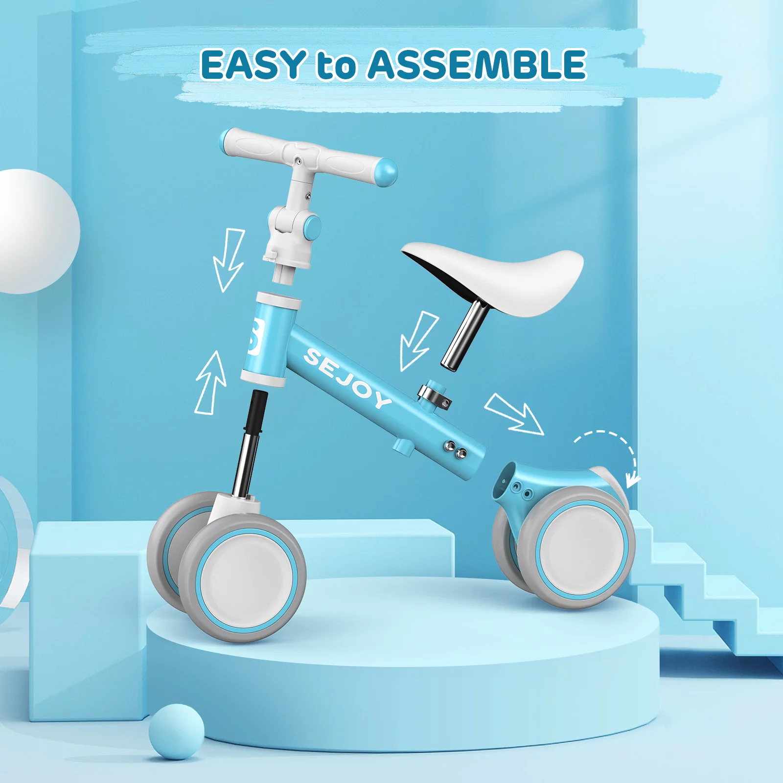 Sejoy Baby Balance Bike, Toddler Baby Bicycle with 4 Wheels for 10-36 Months, Adjustable Handlebar Baby Outdoor Bike Riding Toy, First B-day Gift - Womvr