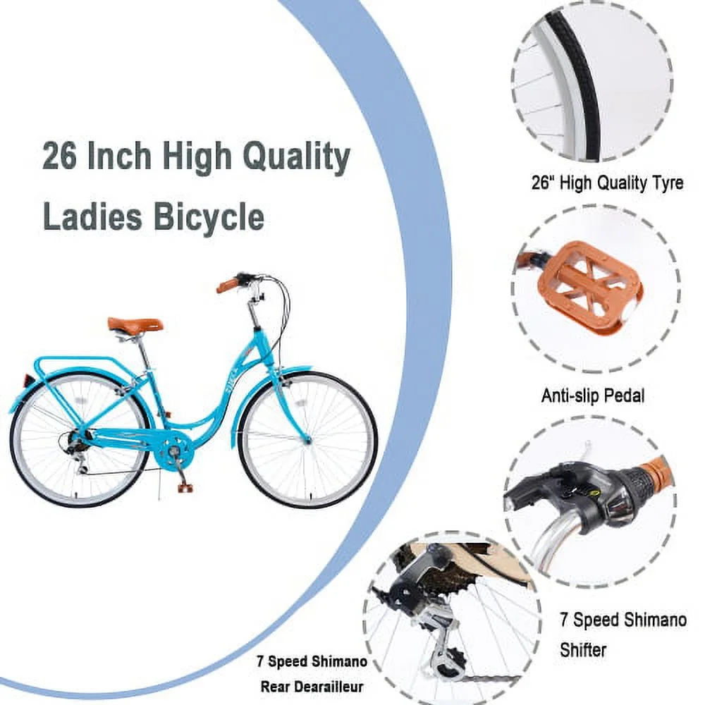 Zukka 26 inch Girls Bicycles Steel Frame 7 Speed Bicycle for Women Ladies Bike Pink - Womvr