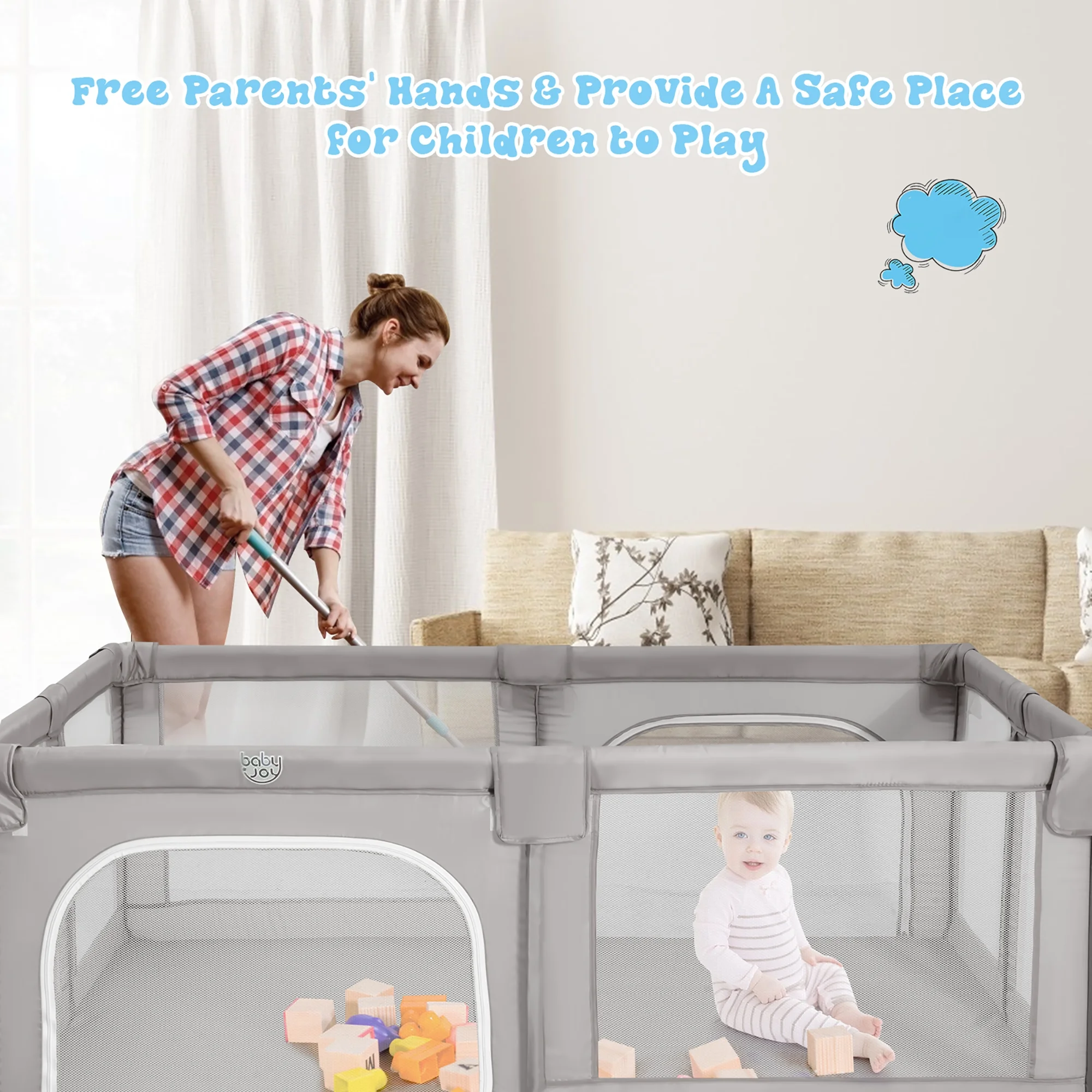 Babyjoy Playpen Extra Large Unisex Kids Baby Activity Center Safety Play Yard with Gate Gray - Womvr