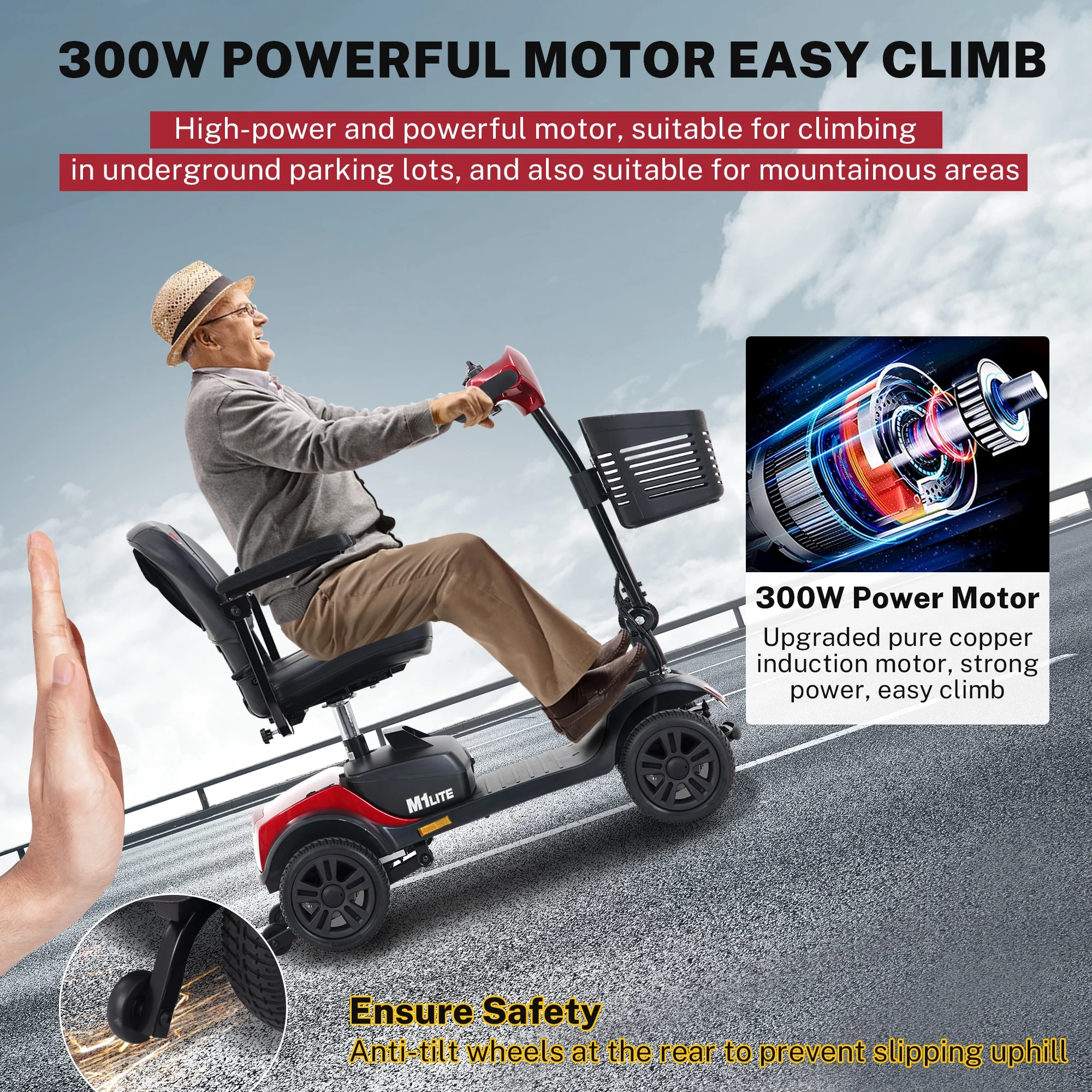 Segmart Mobility Scooter for Seniors, 4 Wheels Compact Heavy Duty Electric Mobile Scooter, Range 13 Mile, Max Speed 5 MPH, 265LBS, Red - Womvr