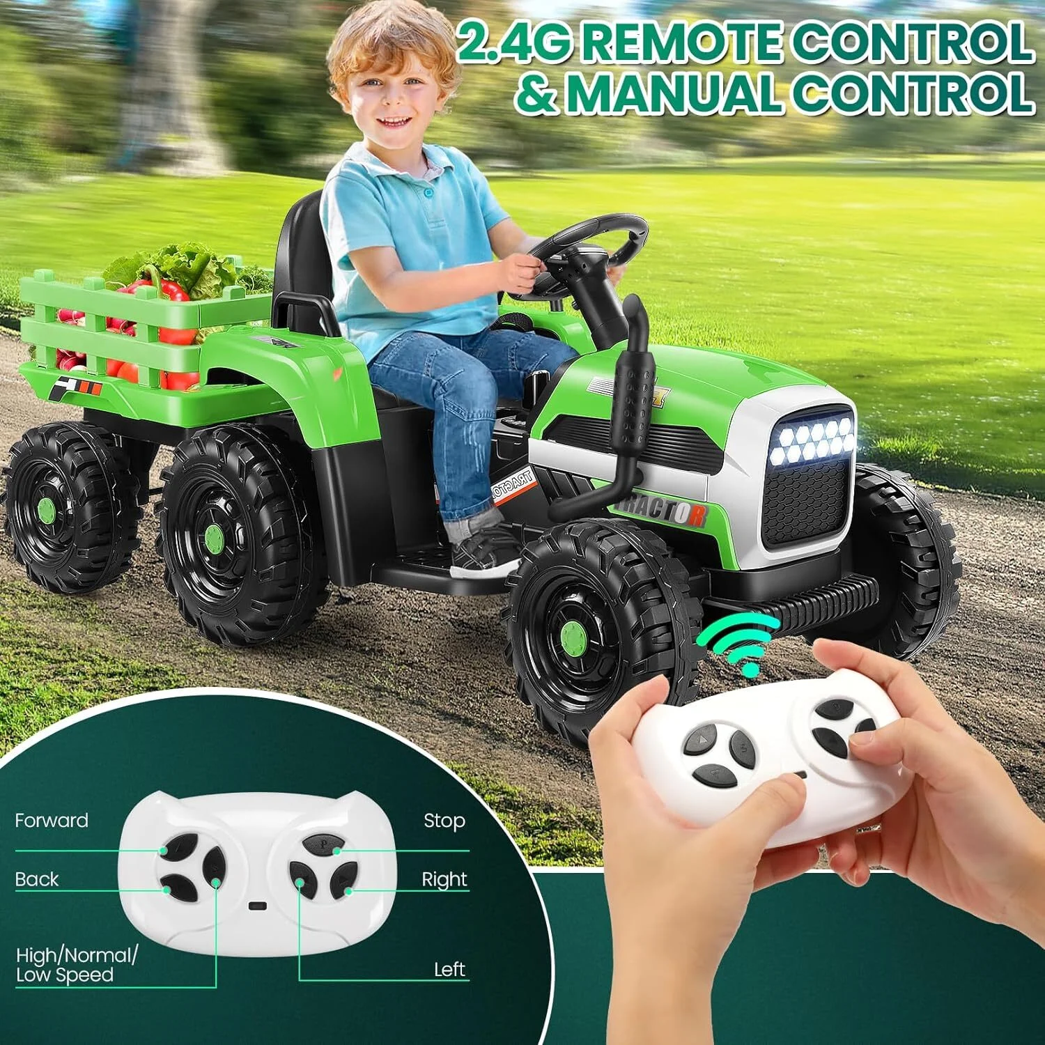 HNH 24V Ride on Toy,Kids Ride On Tractor with Trailer & Remote,Electric Car Toy with Bluetooth - Womvr