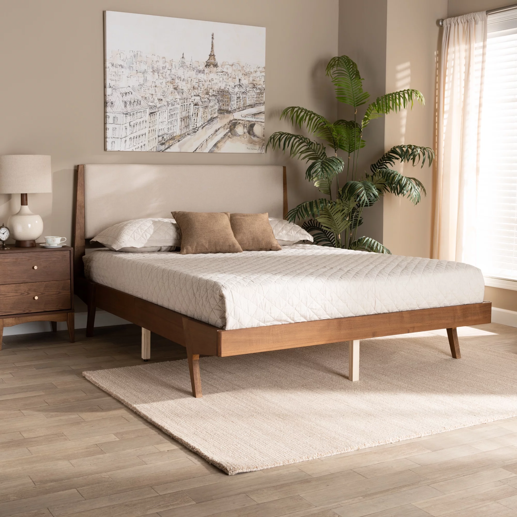 Baxton Studio Sennae Mid-Century Modern Beige Fabric Upholstered and Walnut Brown Finished Wood Queen Size Platform Bed - Womvr