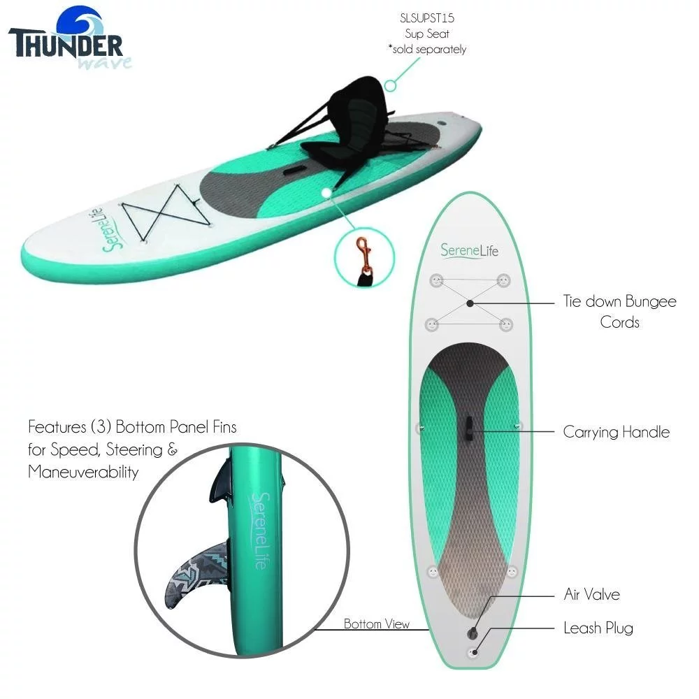 SereneLife Thunder Wave SUP - 10 Foot Inflatable Stand Up Water Paddle Board, Leash, Paddle, Pump & Bag - Green - Womvr