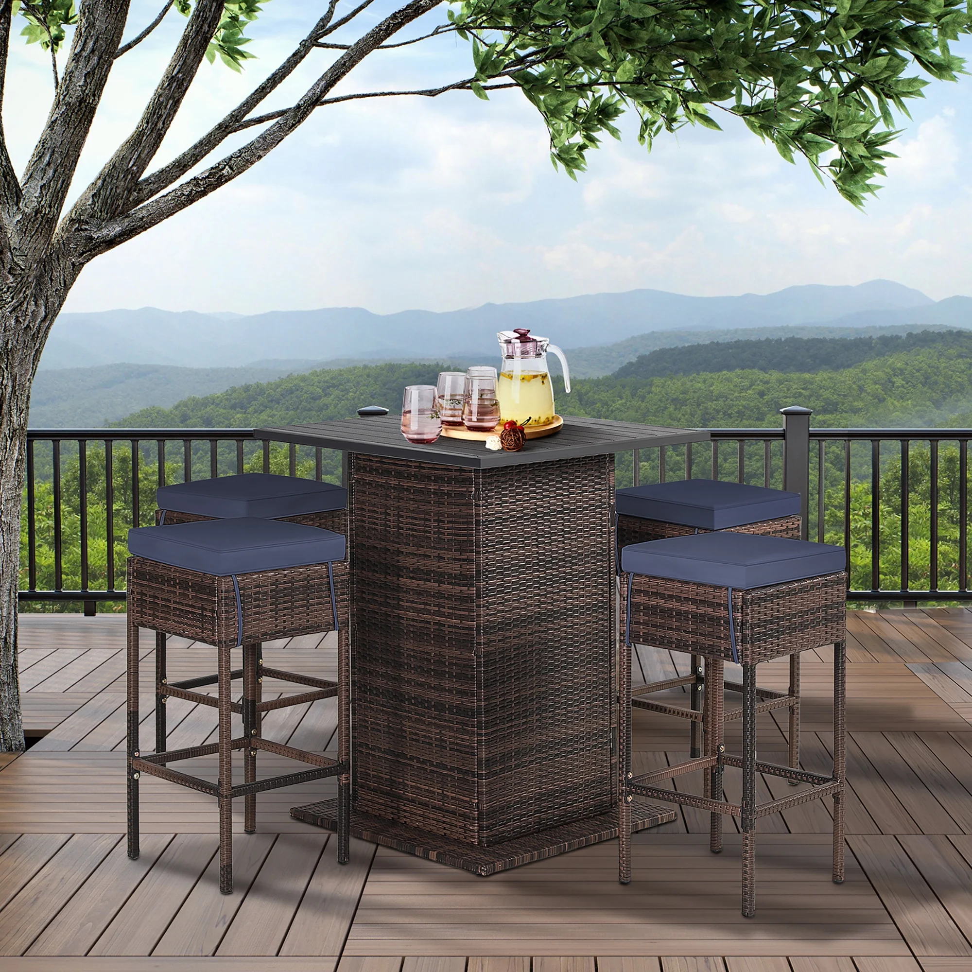 Gymax 5PCS Patio Bar Set Rattan Bar Furniture Set w/ Table & 4 Cushioned Stools Navy - Womvr