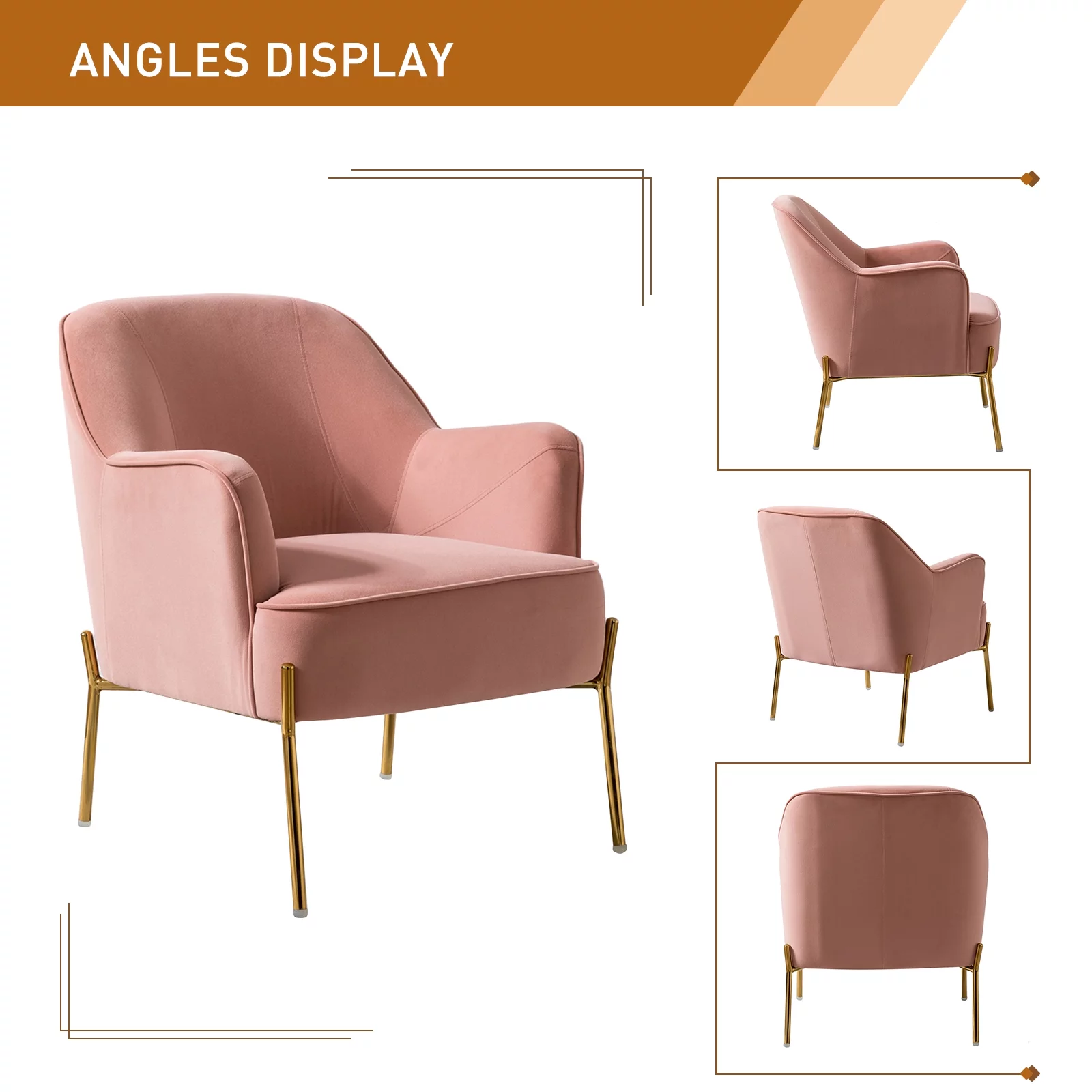 Velvet Upholstered Accent Chair Metal Legs Curved Backrest Lounge Home Armchair Bedroom Adult Pink - Womvr