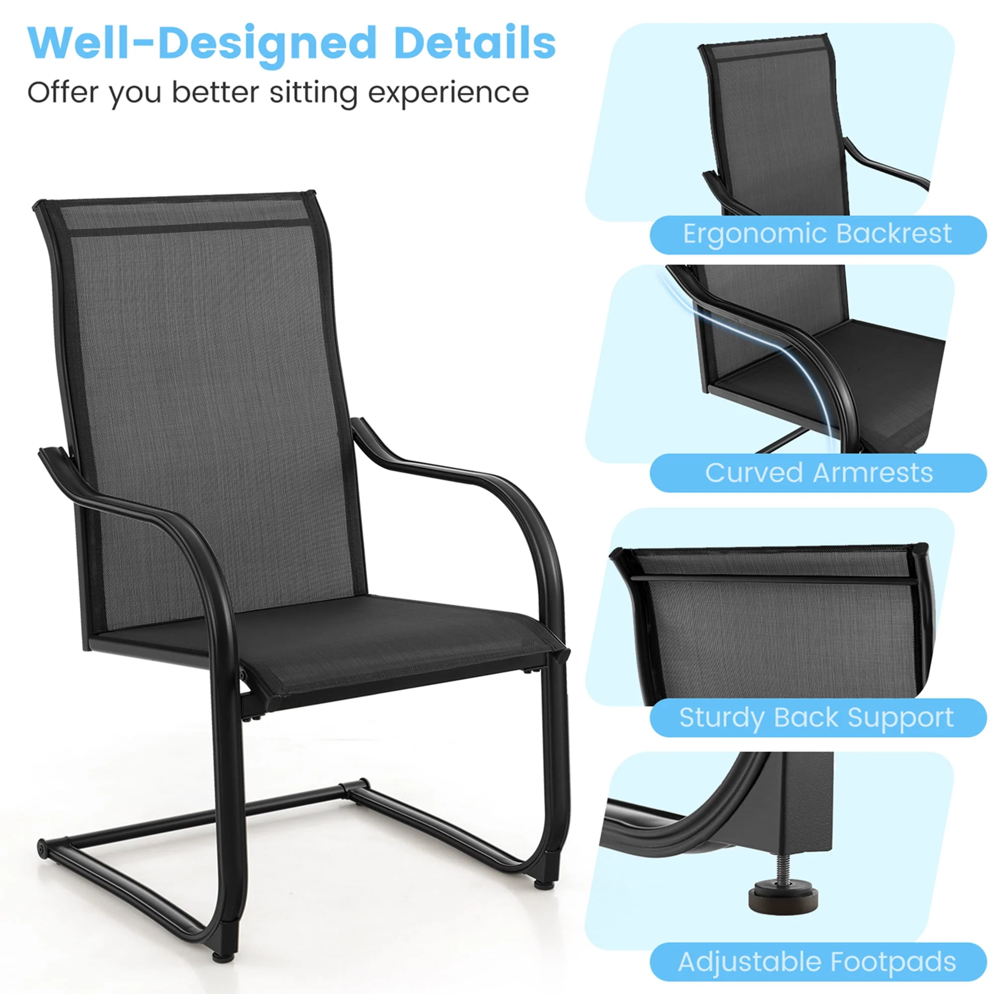 Costway 2pcs C-Spring Motion Patio Dining Chairs All Weather Heavy Duty Outdoor Black - Womvr