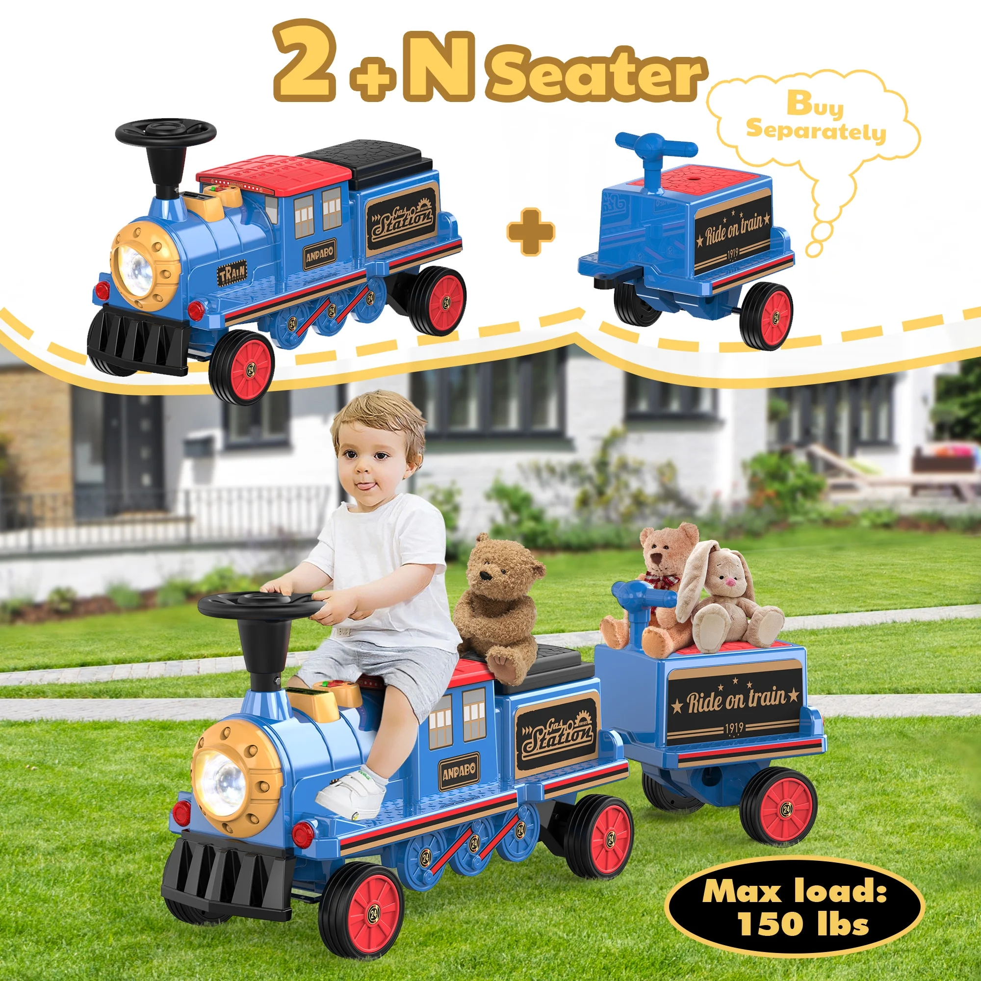 TOKTOO 12Volt 2 Seater Kids Ride on Train W/ Rubber Wheels, Storage Box, LED Headlight, Music Player-Black Red - Womvr