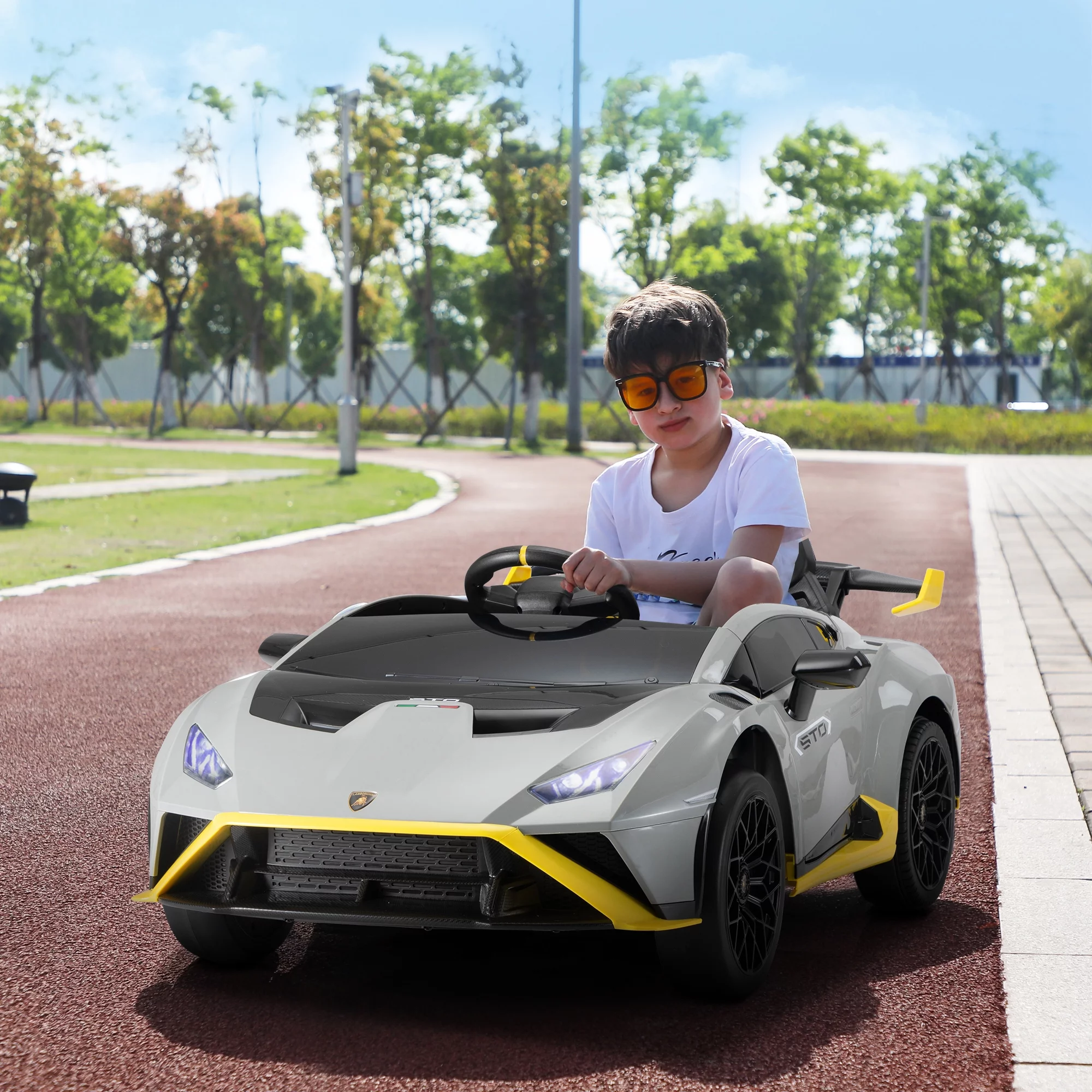TOBBI 24V Lamborghini STO Licensed Kids Ride on Drift Car Gray Electric Car W/Remote Control LED Lights, up to 10 mph - Womvr