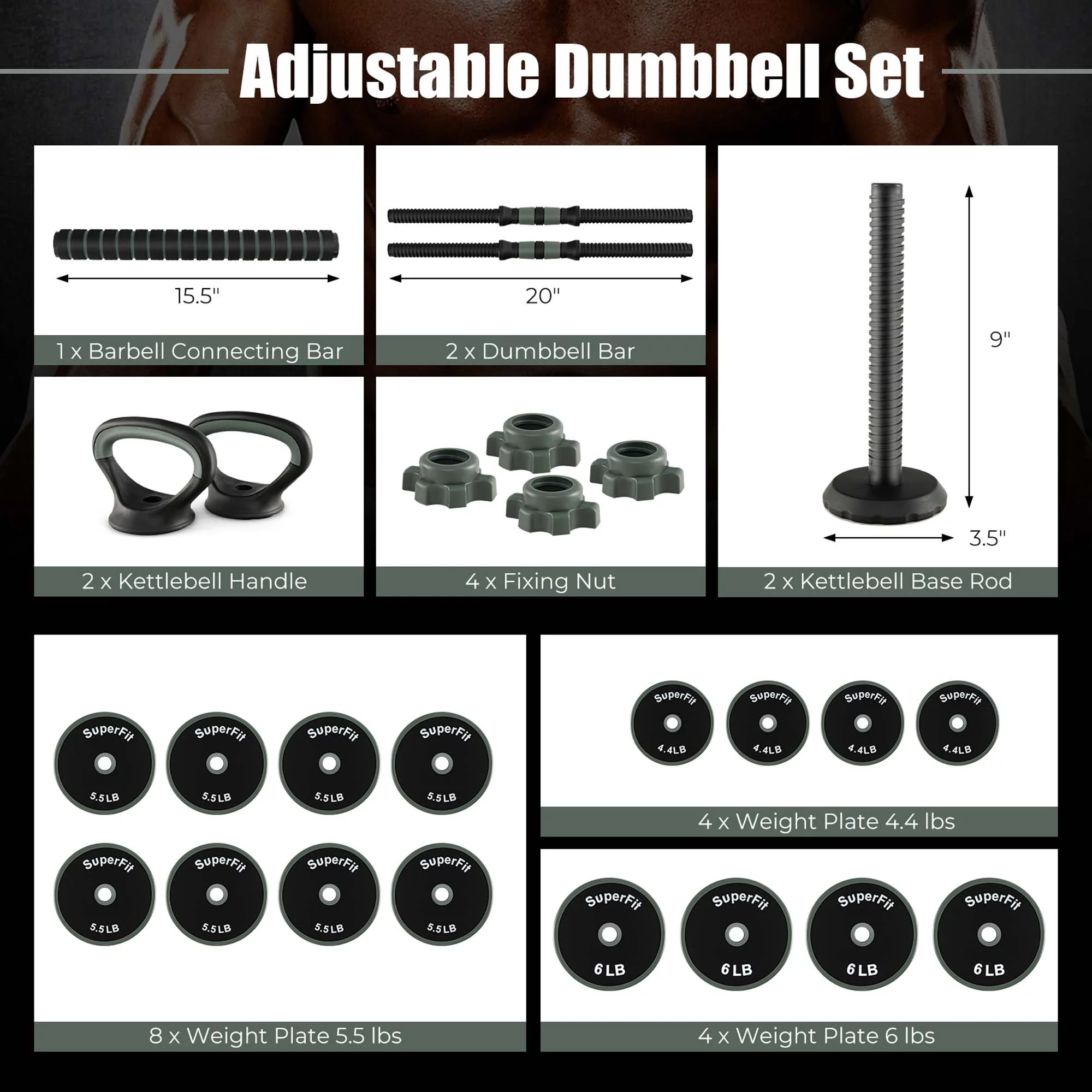 SuperFit 4 in 1 Adjustable Weight Dumbbell Set 92lbs Free Weight Set withConnector Home Gym - Womvr