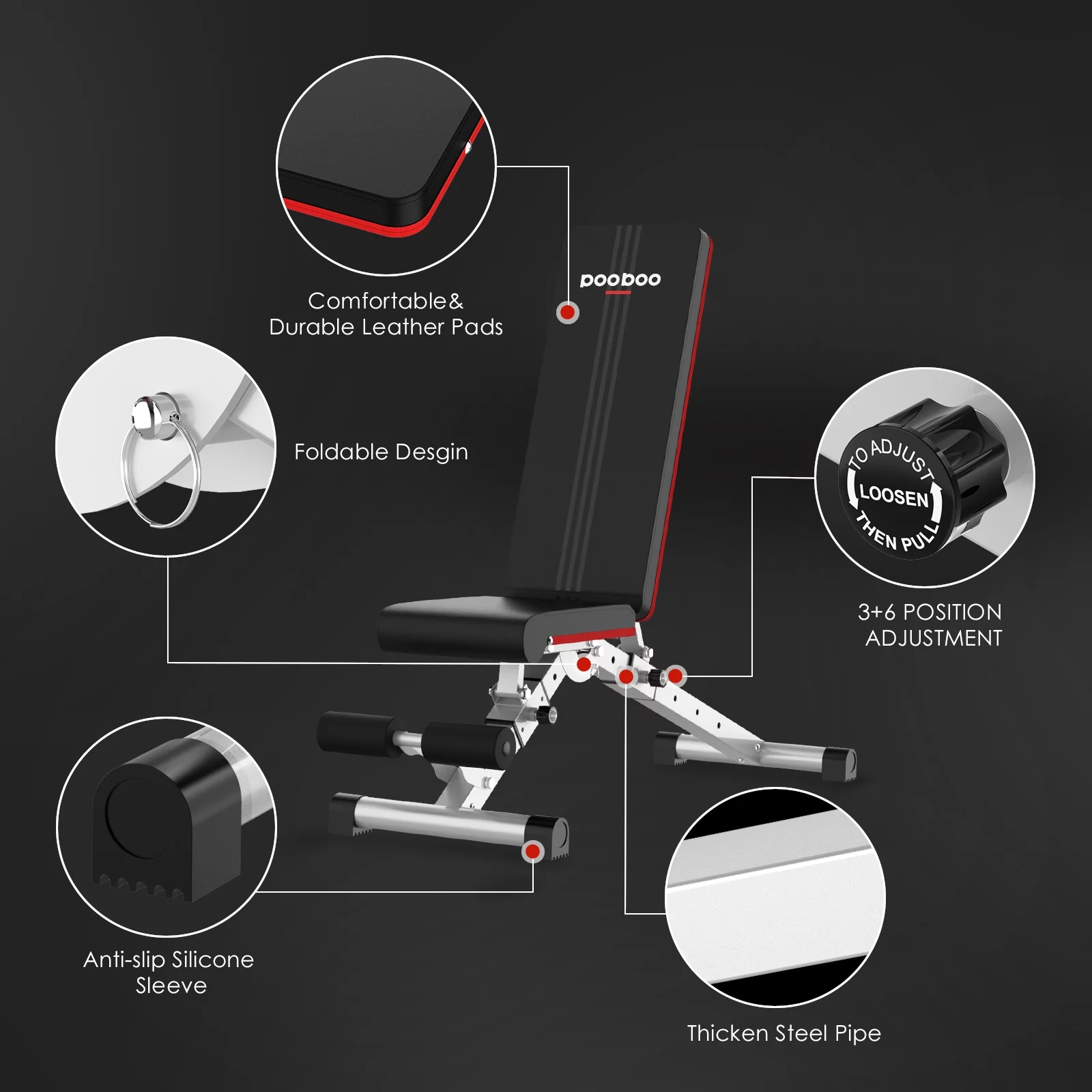 Pooboo Dumbbell Bench Workout Foldable Weight Bench 600 lbs with 6 Incline Adjustable and Thickened 5 Layer Structure gym bench Strength Training Bench for Home Training. - Womvr