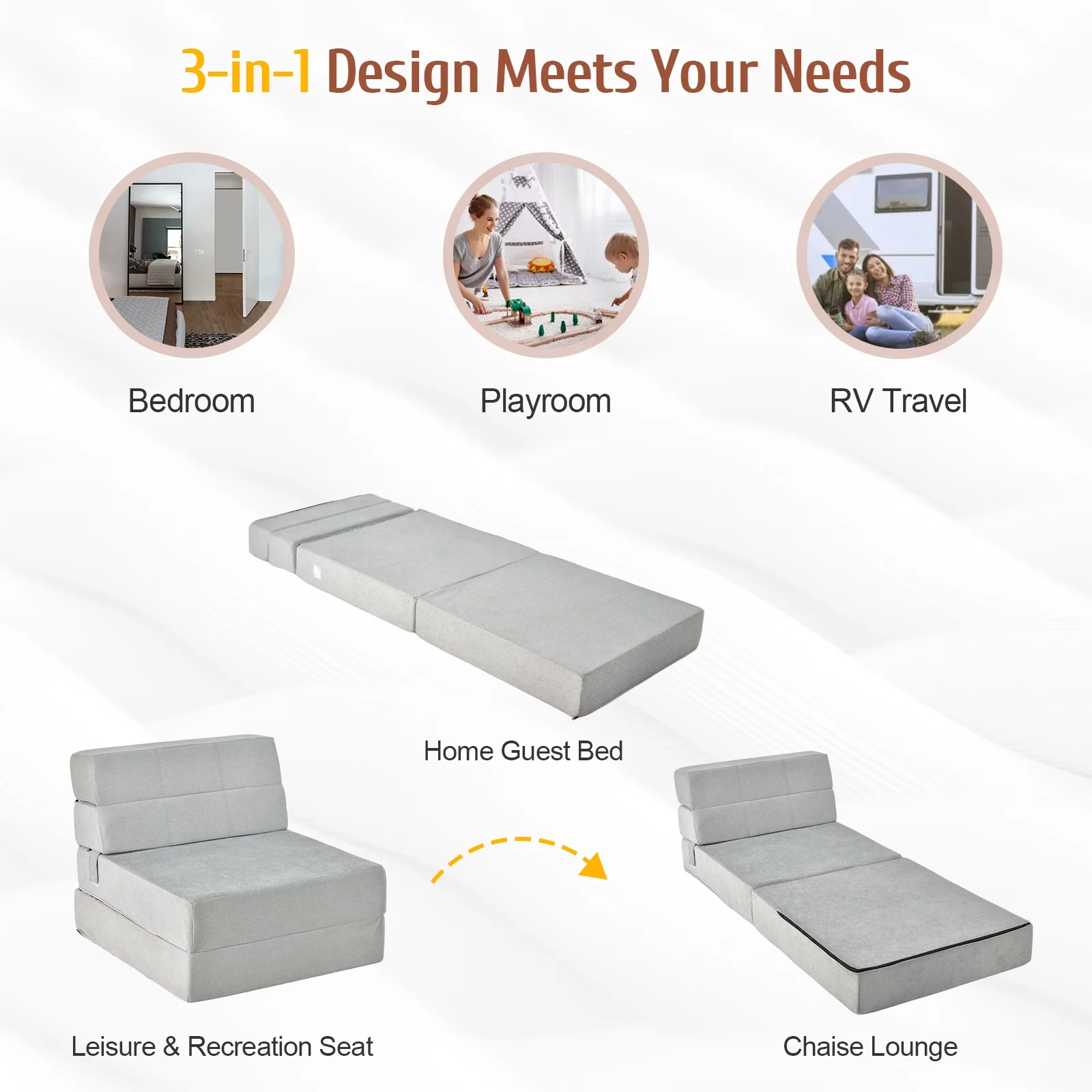 Costway Tri-Fold Fold Down Chair Flip Out Lounger Convertible Sleeper Bed Couch Dorm Grey - Womvr