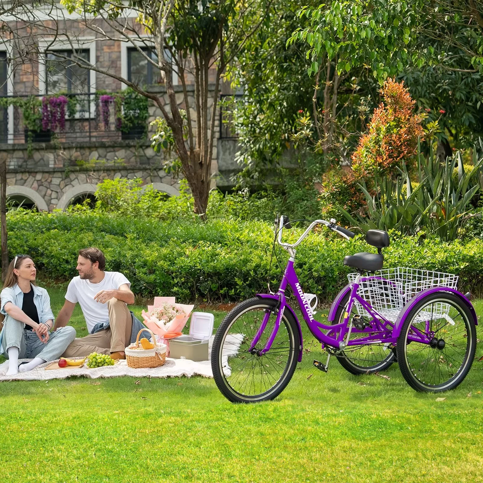 MOPHOTO Adult Tricycle for Seniors (Cyan, 26inch /7-Speed), Low Frame Three Wheel Bikes with Large Basket & Bell, 3 Wheel Cargo Bicycle, Safe and Durable Trike - Womvr