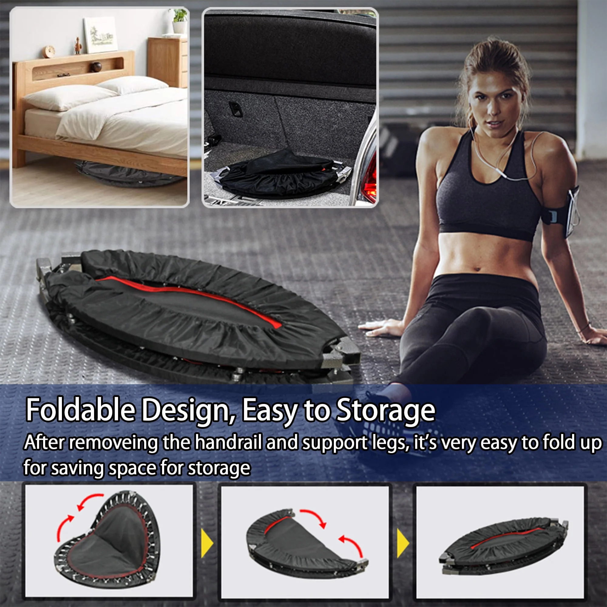 RAVS 40'' inch Black Foldable Mini Trampoline Rebounder for Kids and Adults with Height Adjustable Handle - Womvr