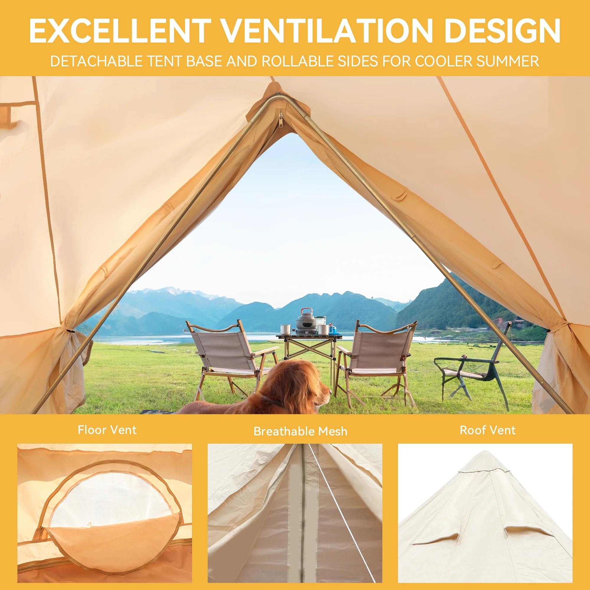 Dextrus Camping Tent 4 Seasons Glamping Bell Tent Waterproof with Stove Jacks & 4 Breathable Windows Cotton for Outdoor Family Party, Camping, Picnic, Barbecue - Womvr