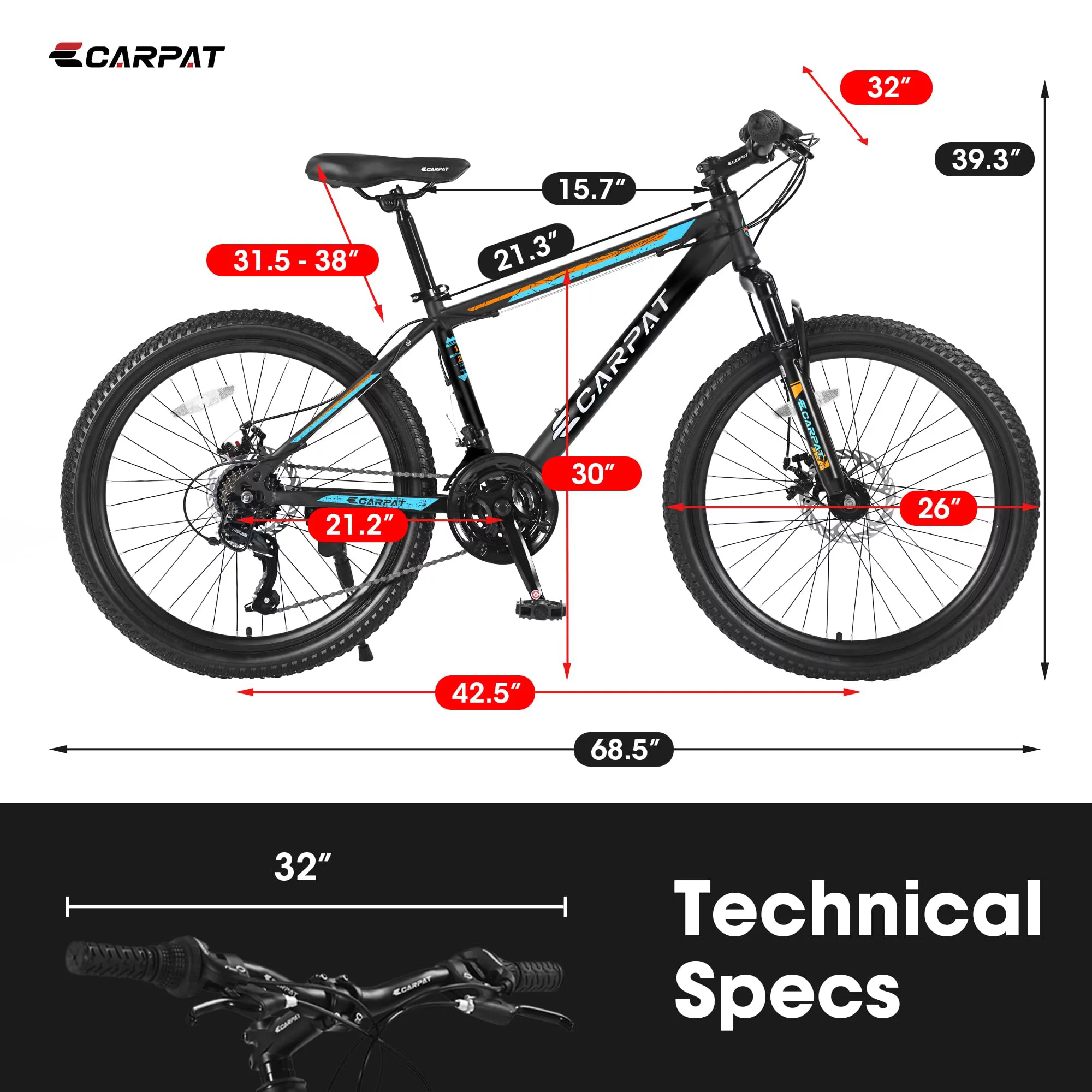 24 inch Mountain Bike, Shimano 21 Speed Drive, Dual Disc Brake, Front Suspension MTB For Boy Girl - Womvr