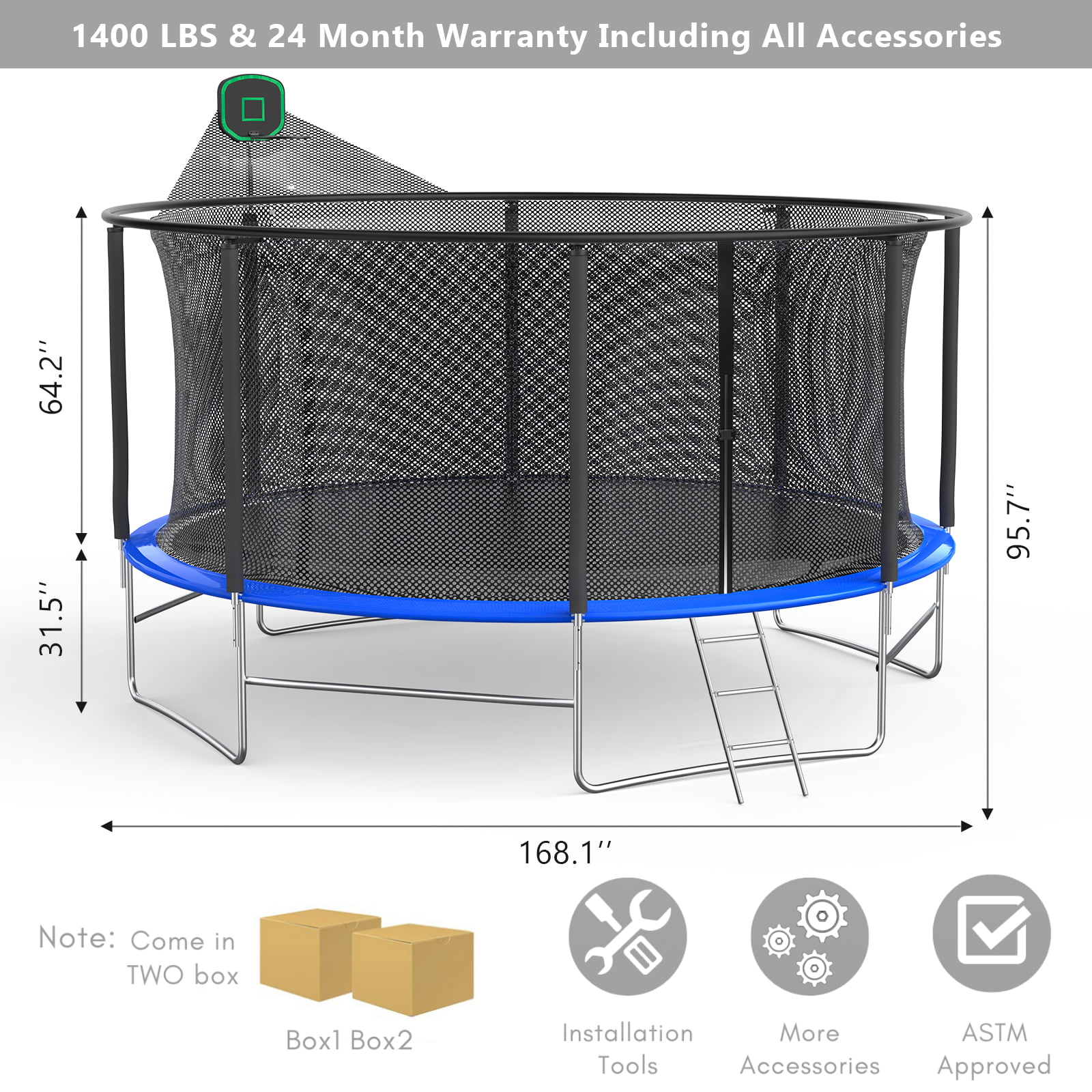 16FT Trampoline for 8-9 Kids Adults with Basketball Hoop, Ladder, Light, Sprinkler, Socks,Outdoor Heavy Duty Recreational Trampoline - Womvr