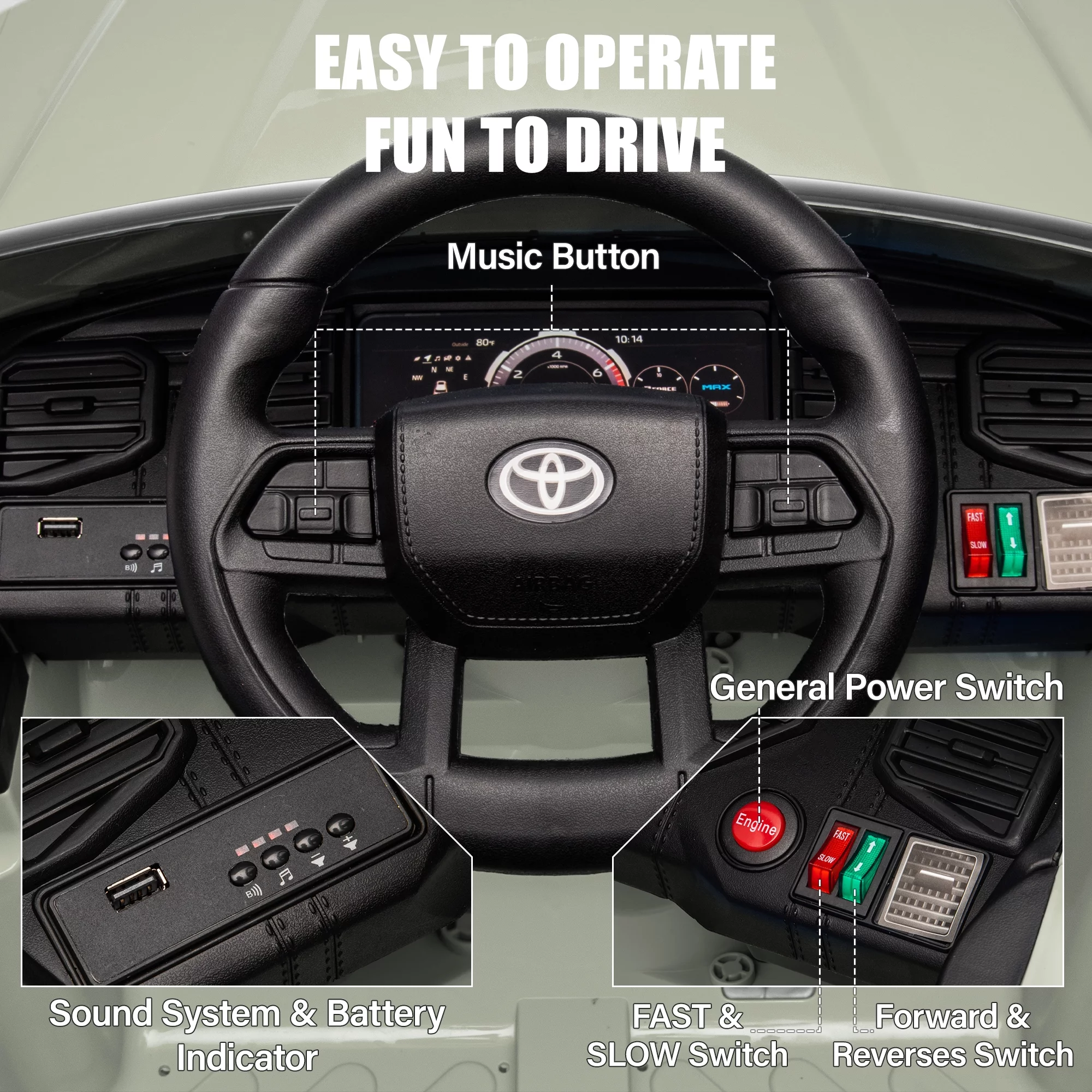 Toyota Tundra 12 V Powered Ride on Cars, Electric Pickup Truck Toys for Kids with Remote Control, 4 Wheels, Battery Powered, LED Light, MP3 Player, Green - Womvr