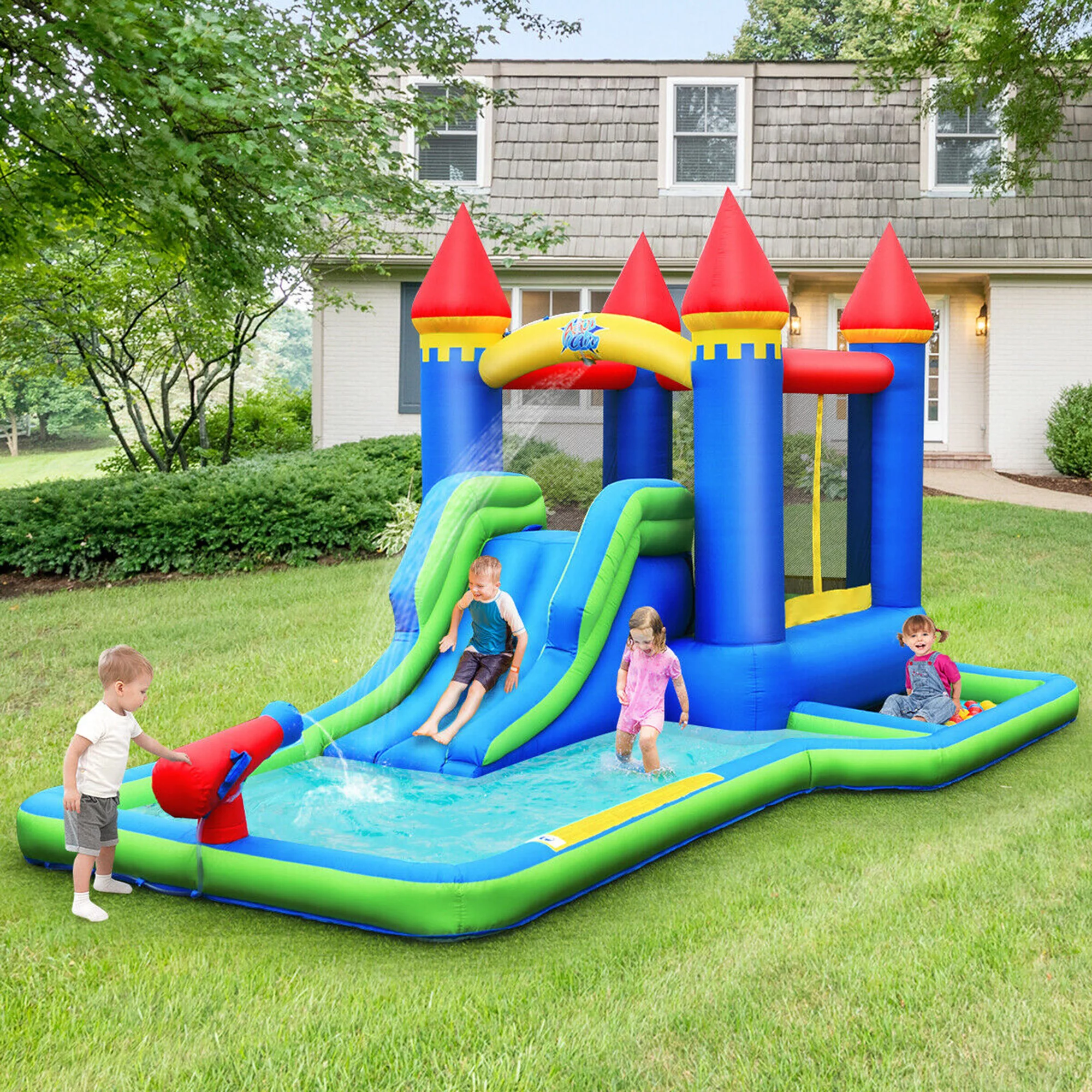 Gymax Inflatable Bouncer Climbing Slide Bounce House Water Park BallPit Without Blower - Womvr