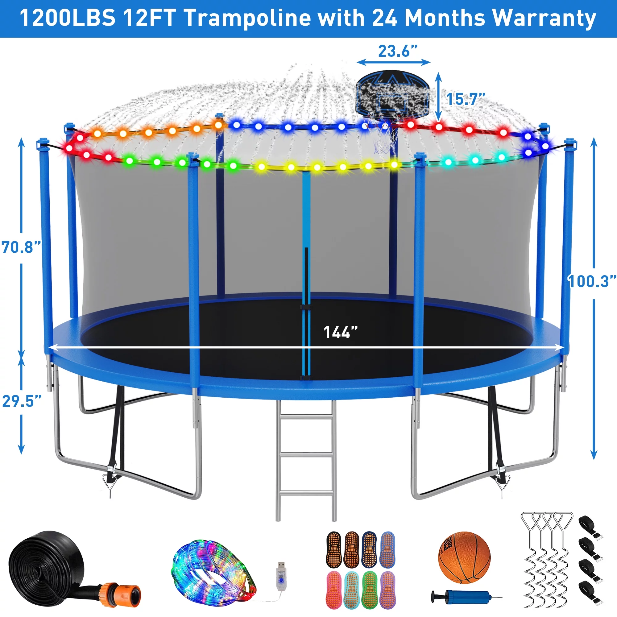 Kumix Trampoline with Enclosure, 1200LBS 12 14 15 16FT Trampoline for Kids Adults, Trampoline with Basketball Hoop, Lights, Sprinkler and Socks, Outdoor Heavy Duty Trampoline - Womvr