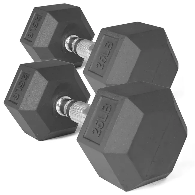 Titan Fitness 25 LB Pair Free Weights, Black Rubber Coated Hex Dumbbell, Ergonomic Cast Iron Handle, Strength Training - Womvr