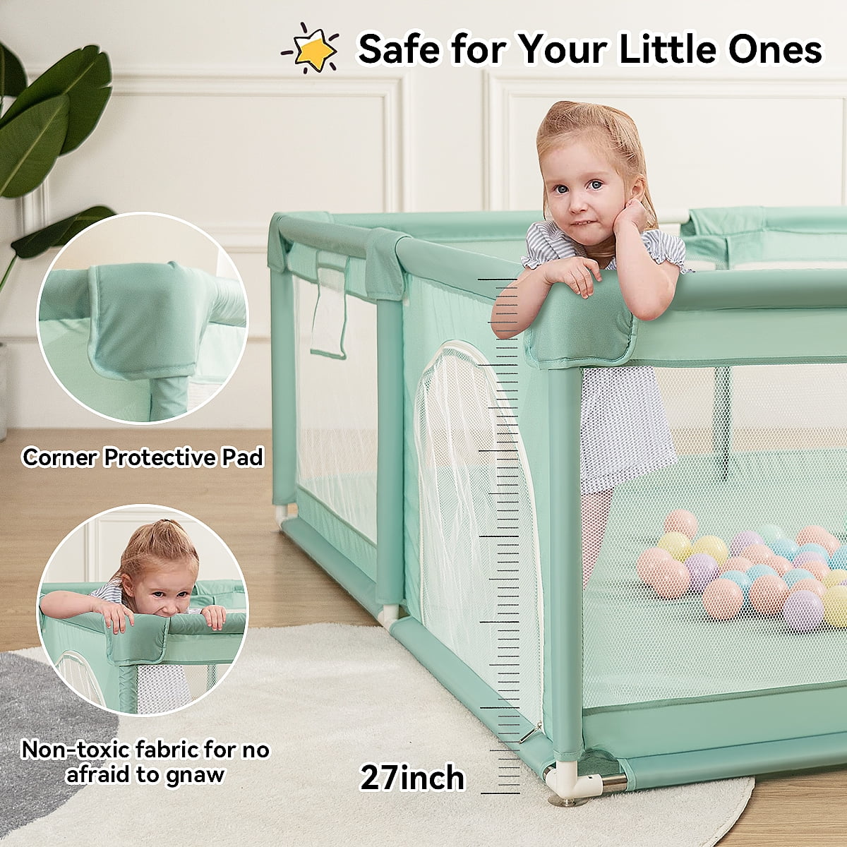 Baby Playpen, 63x63'' Large Baby Playard, Infant Activity Center with Anti-Slip Base, Gray - Womvr