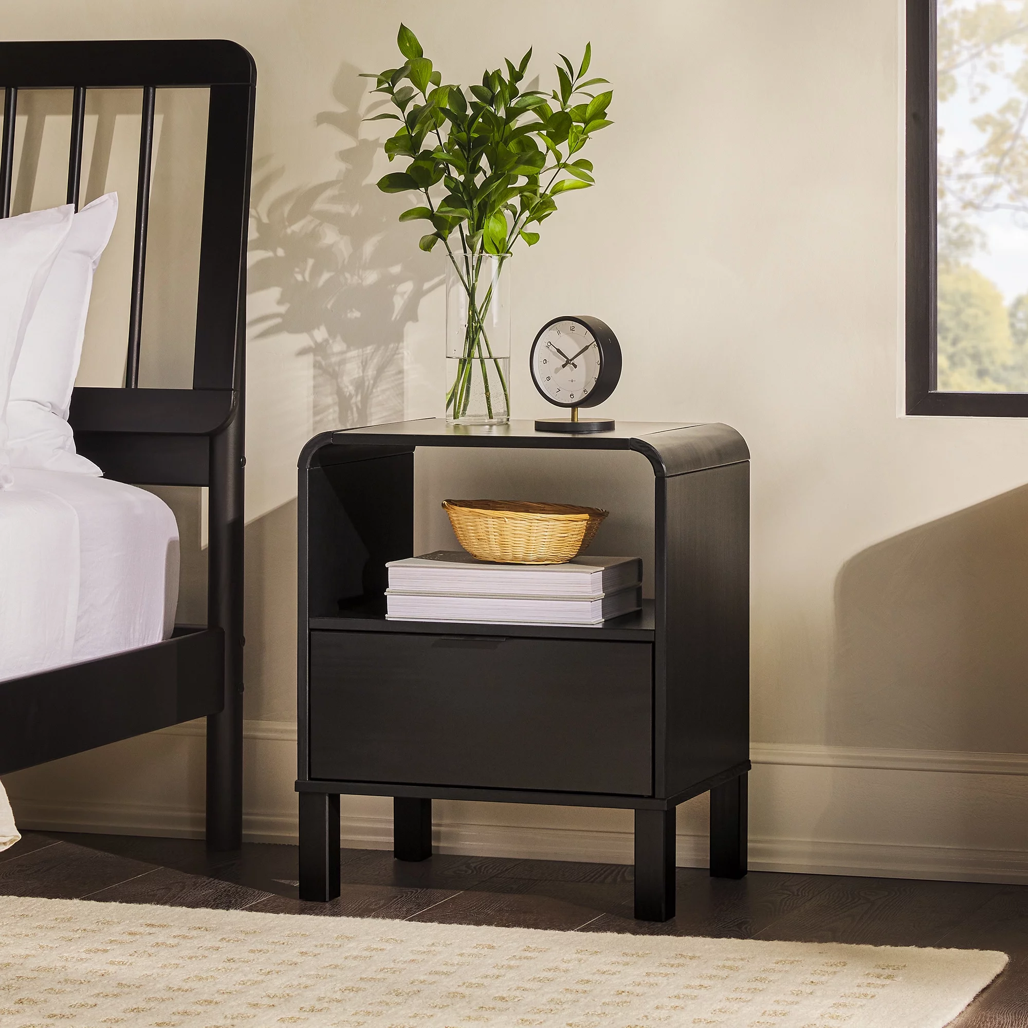 Walker Edison Modern Curved-Frame Solid Wood Nightstand, Brown - Womvr