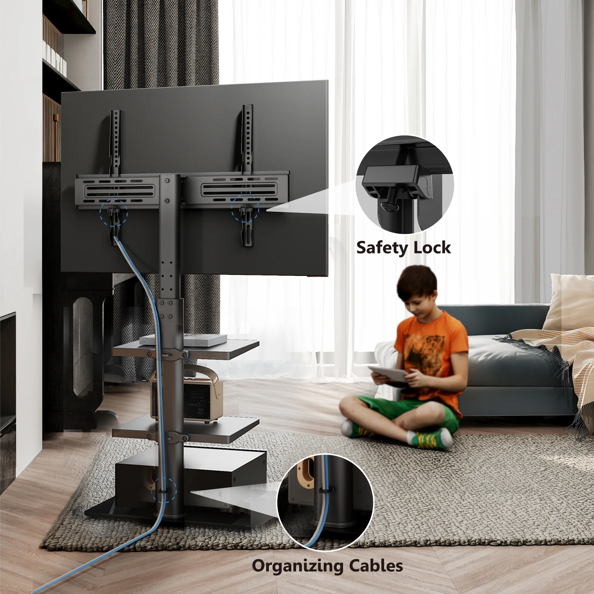 FITUEYES Tempered Glass Base Floor TV Stand 32-65 Inch, Height adjustable,Swivel TV Stand with Mount,Black - Womvr