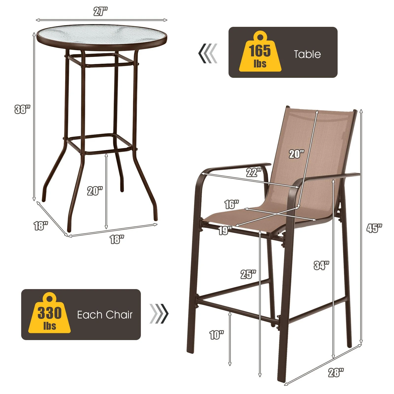 Giantex 3 Pieces Outdoor Patio Bar Set, Outdoor Bistro Set with 2 Bar Stools and 1 Tempered Glass Bar Table, Bar Height Patio Table and Stools Set for Backyard, Garden, Lawn (Black) - Womvr