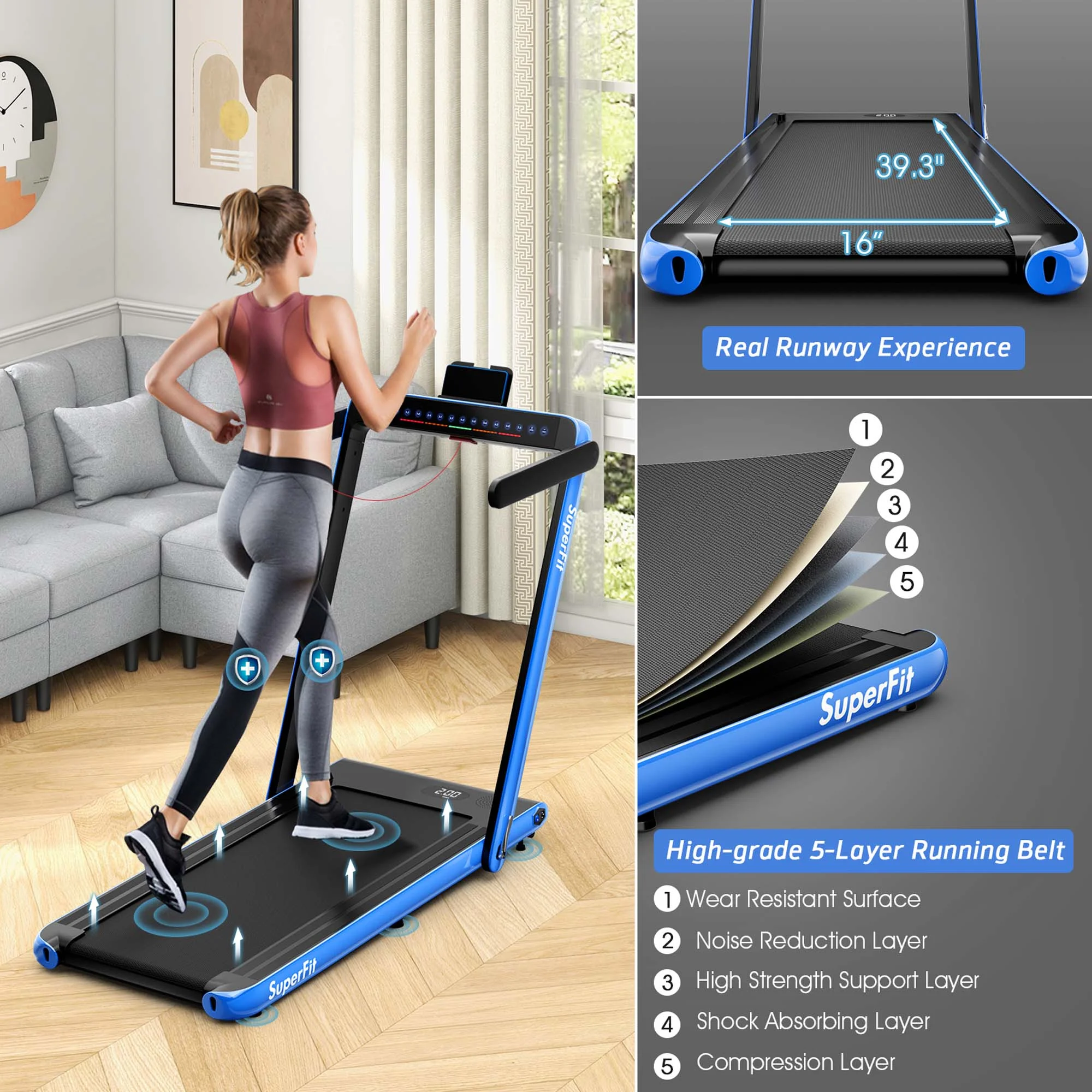 SuperFit Up To 7.5MPH 2.25HP 2 in 1 Dual Display Screen Folding Treadmill Jogging Machine W/APP Control Silver - Womvr