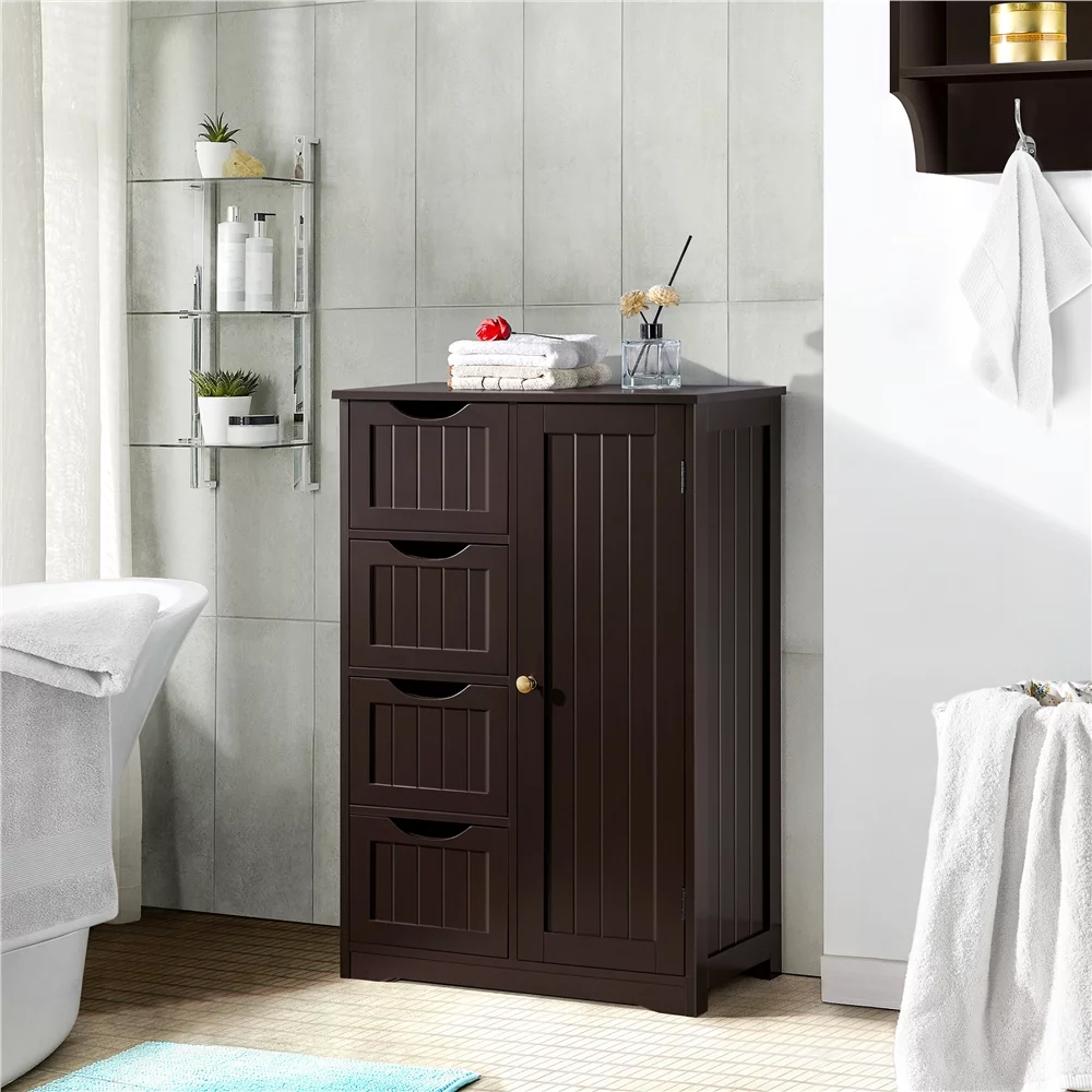 Alden Design Wooden Bathroom Storage Cabinet with 4 Drawers & Cupboard. Espresso - Womvr
