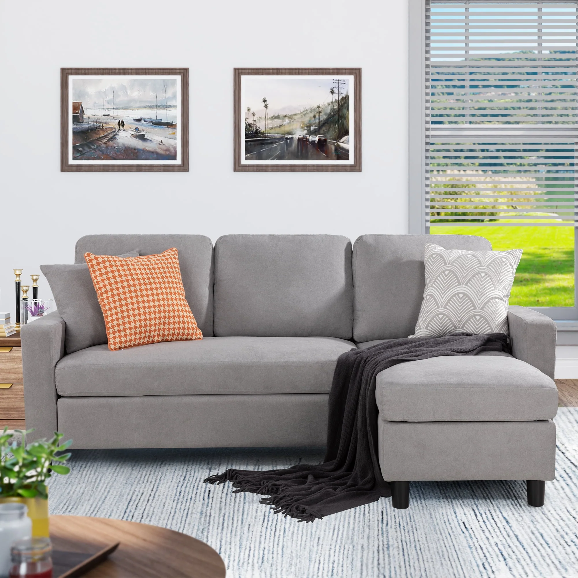 Walsunny Convertible Sectional L-Shaped Sofa with Modern Linen Fabric(Grayish Black) - Womvr