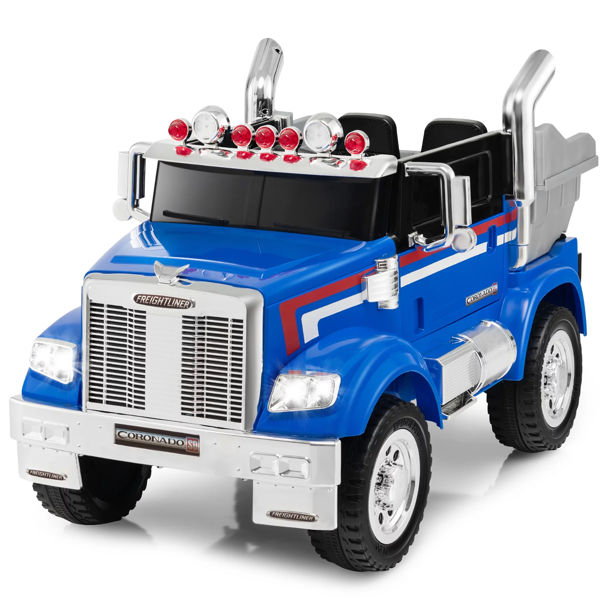 Costway 12V Licensed Freightliner Kids Ride On Truck Car RC w/ Dump Box & Lights Red - Womvr
