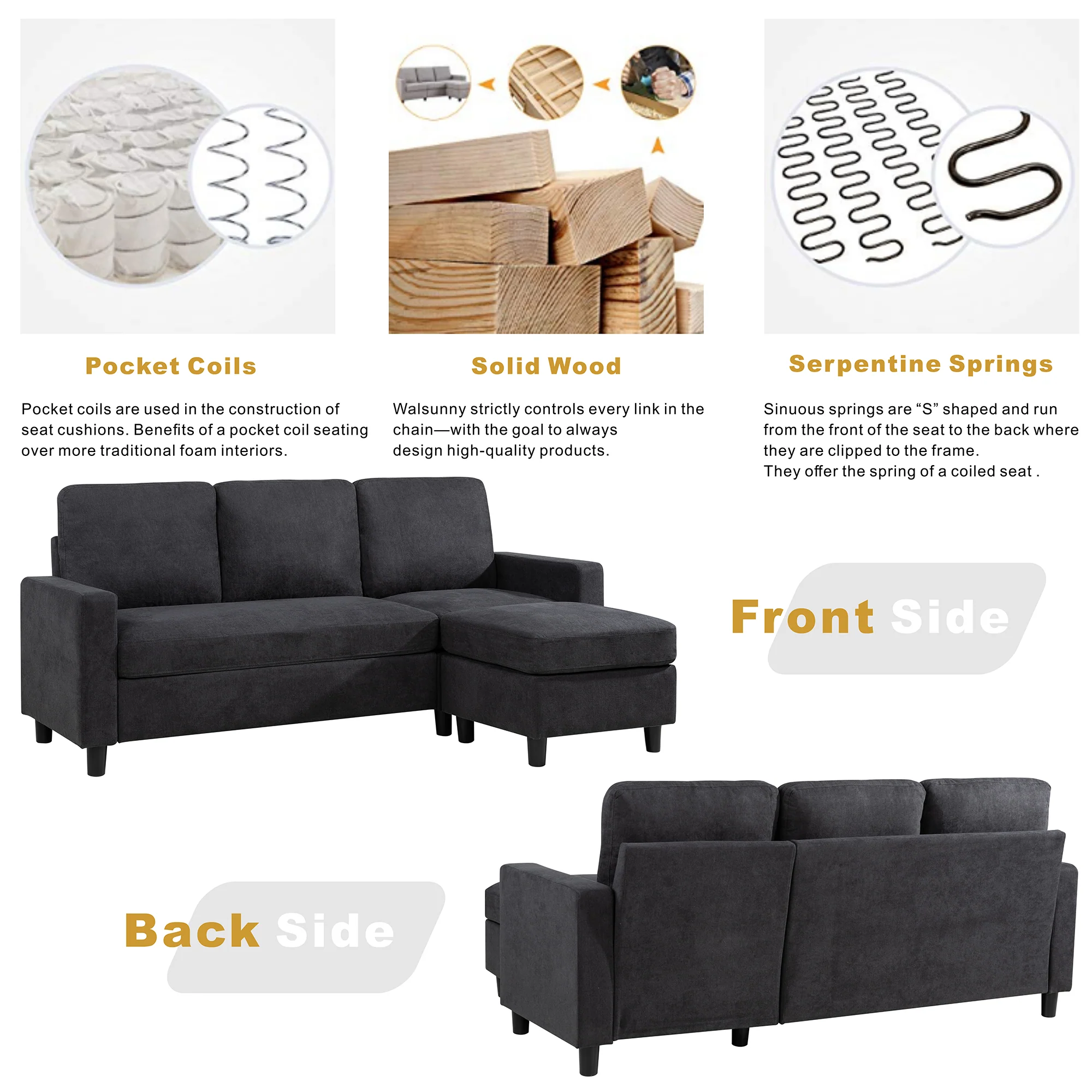Walsunny Convertible Sectional L-Shaped Sofa with Modern Linen Fabric(Grayish Black) - Womvr
