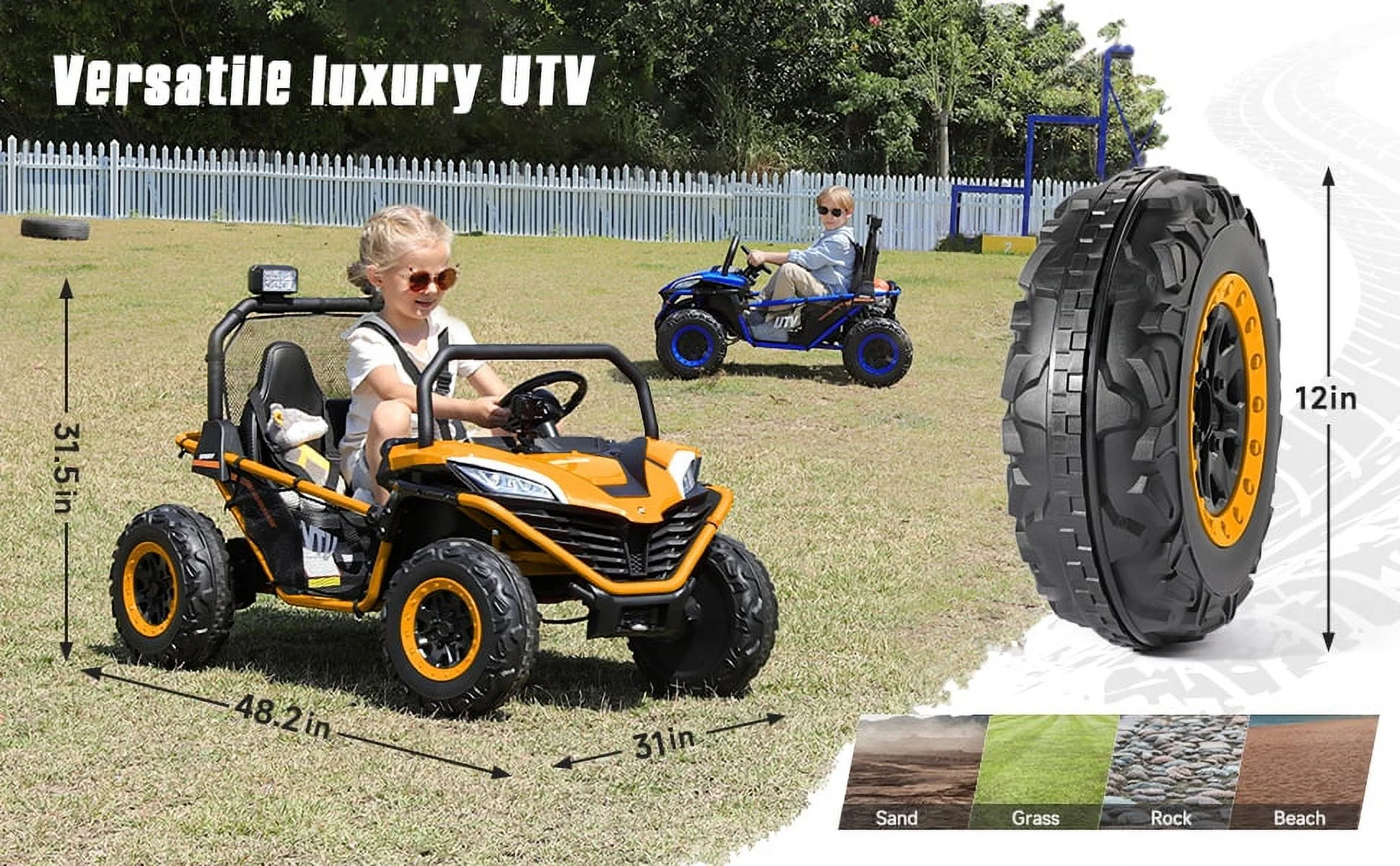 12 V Ride on Car,2 Seater Powered on Truck,4WD Electric Off-Road,Remote Control,Spring Suspension Ride on UTV for 3-8 Kids,Blue - Womvr