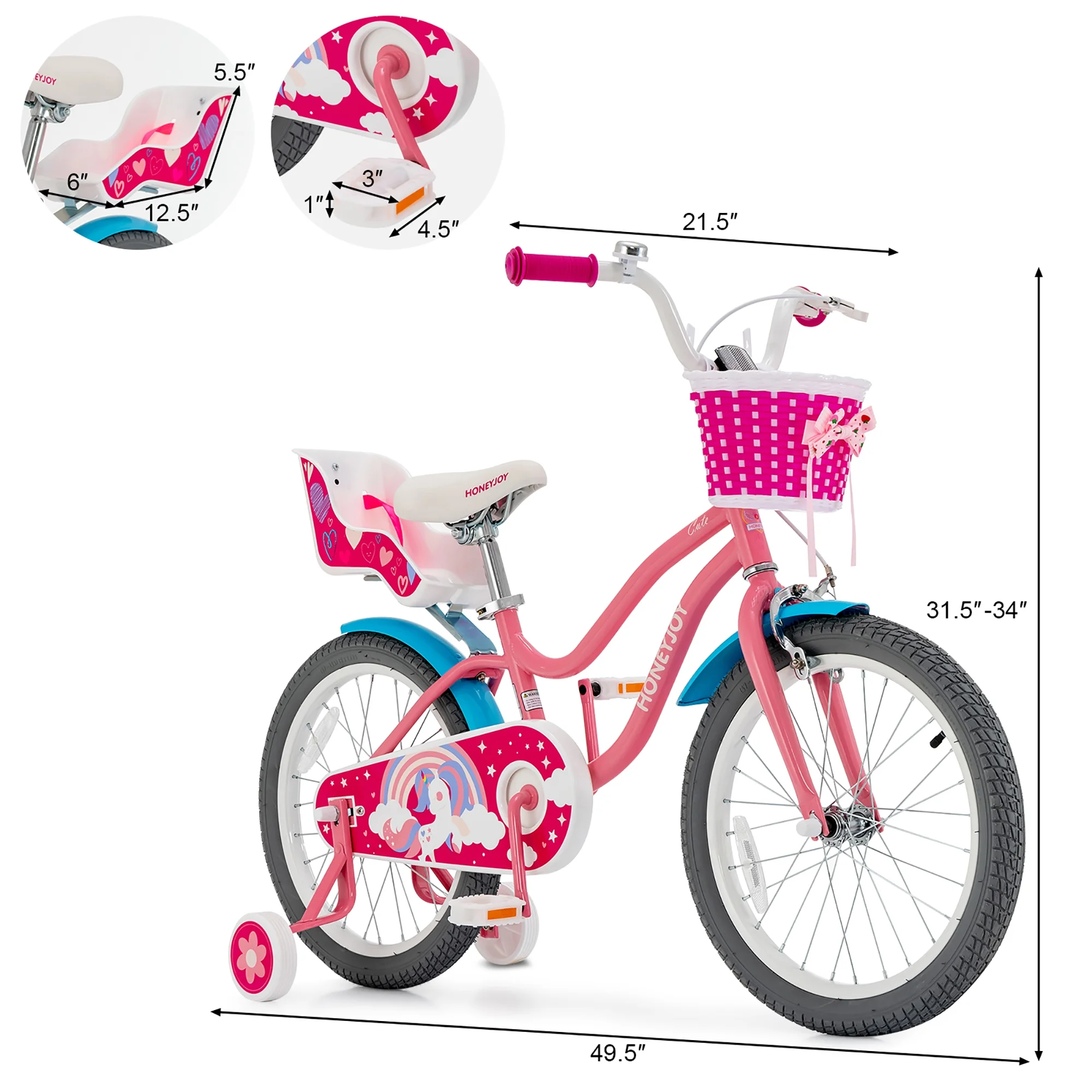 Gymax 18 Inches Kids Bicycle w/ Doll Chair & Basket Kids Bike w/ Training Wheels Pink - Womvr