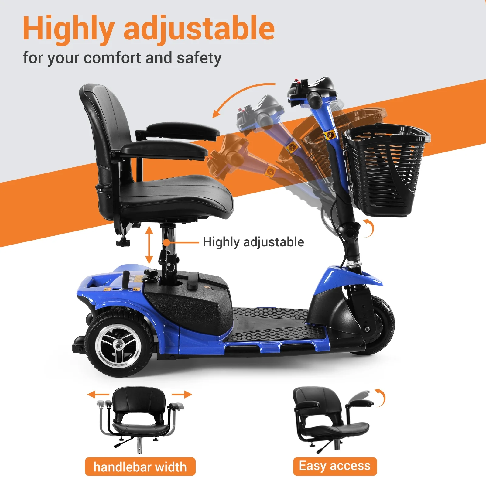TEKAMON 4 Wheels Mobility Scooter - Portable Folding Power Electric Mobility Scooters for Seniors, Adults, Handicapped, Elderly - Range Extended Battery,Blue - Womvr