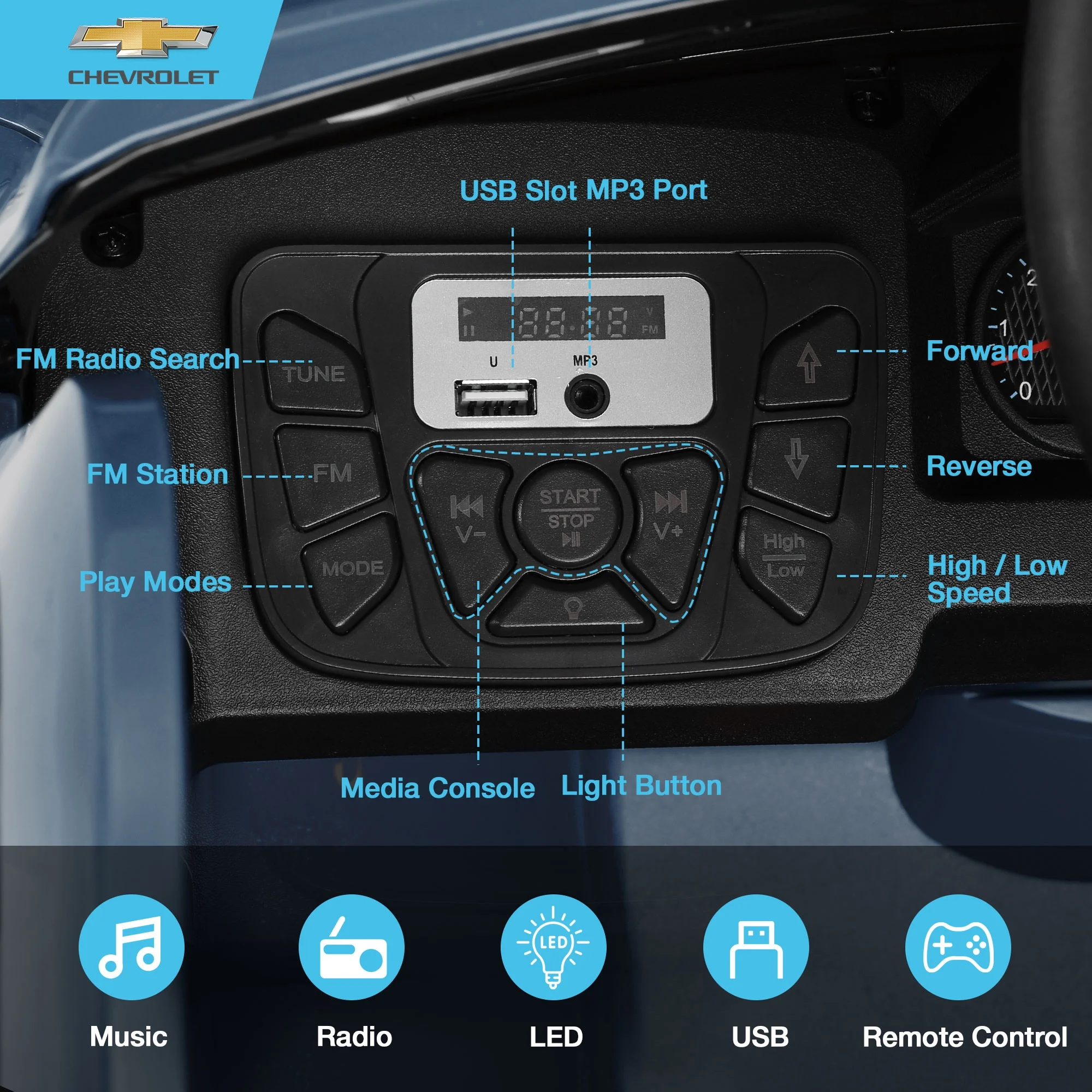 FUNTOK Licensed Chevrolet Silverado 12V Kids Electric Powered Ride on Toy Car with Remote Control & Music Player, Black - Womvr