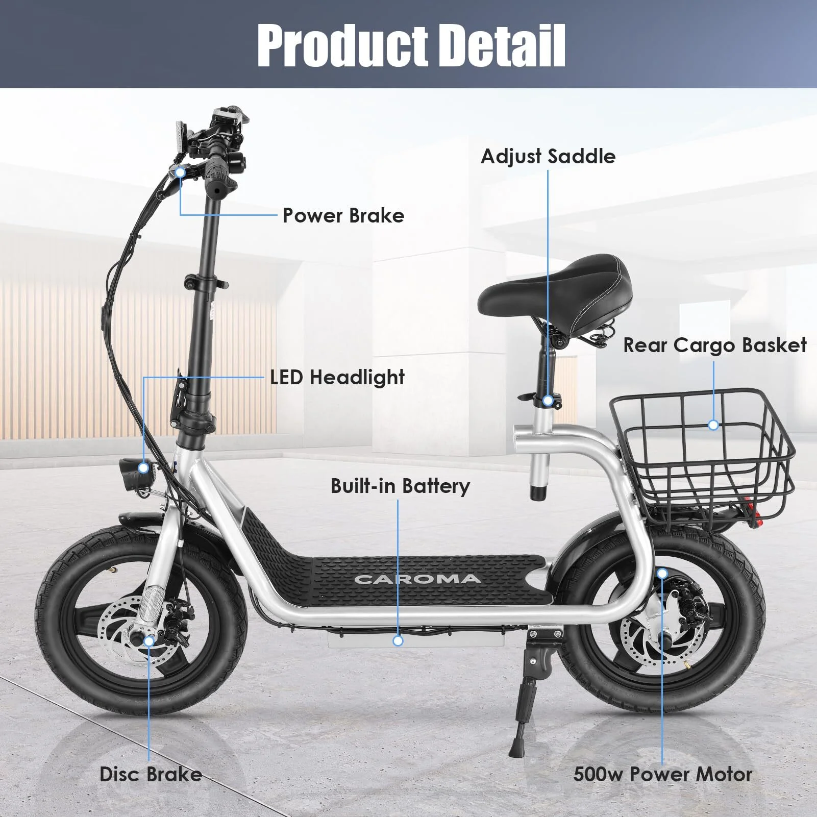 Caroma 500W Electric Scooter with Seat for Adult, 14 inch Commuter Electric Scooter with Dual Shock Absorbers and Basket - Up to 25 Miles 20 MPH, Silver - Womvr