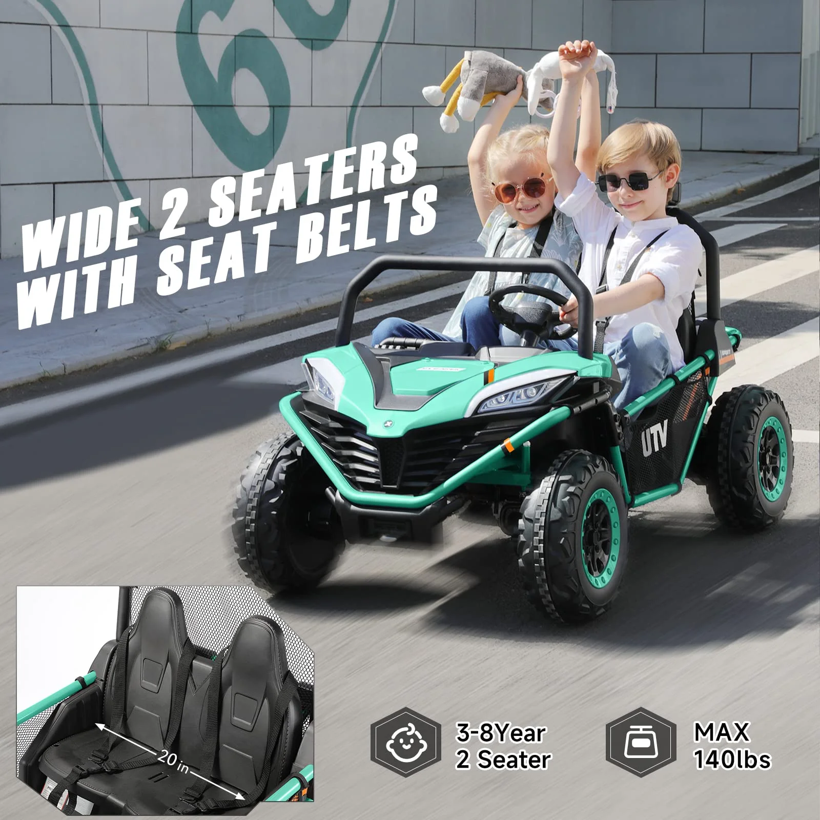 12 V Ride on Car,2 Seater Powered on Truck,4WD Electric Off-Road,Remote Control,Spring Suspension Ride on UTV for 3-8 Kids,Blue - Womvr