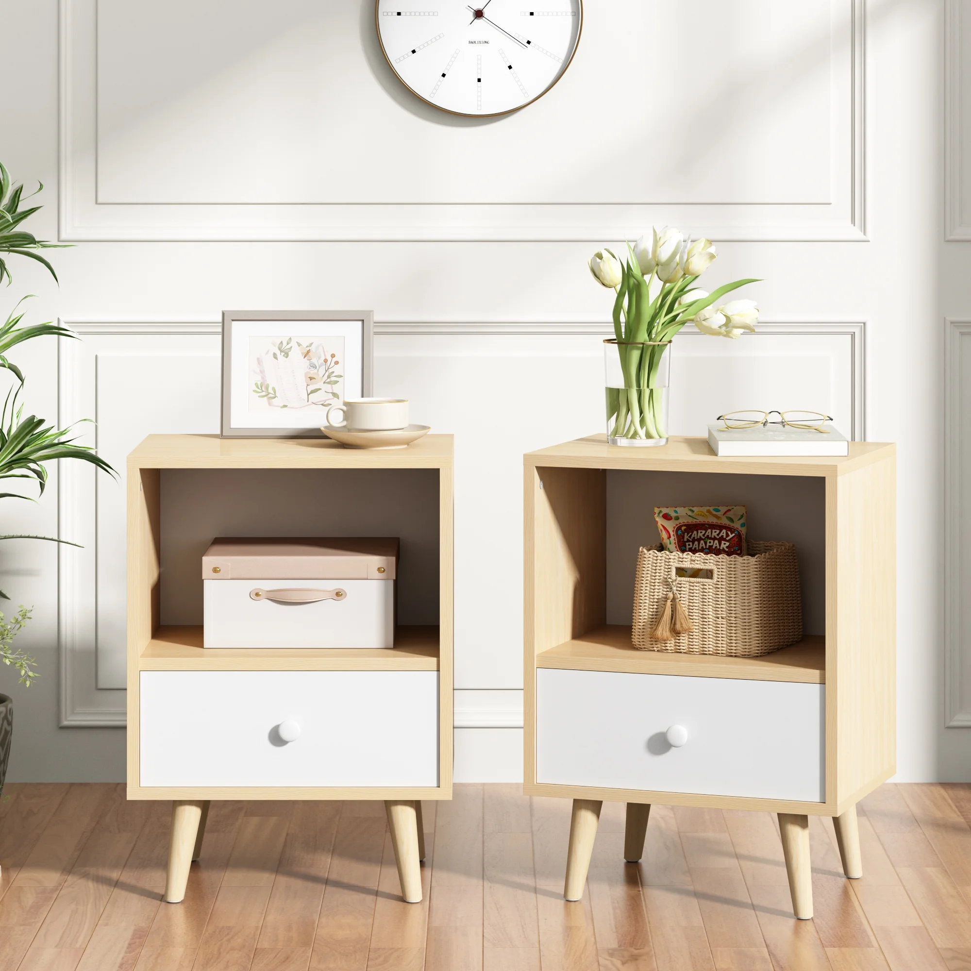 JAXPETY Nightstands Set of 2, Night Stand with 1 Drawer and Open Shelf Storage, End Table, Side Table, for Bedroom, Living Room, Natural Wood & White - Womvr