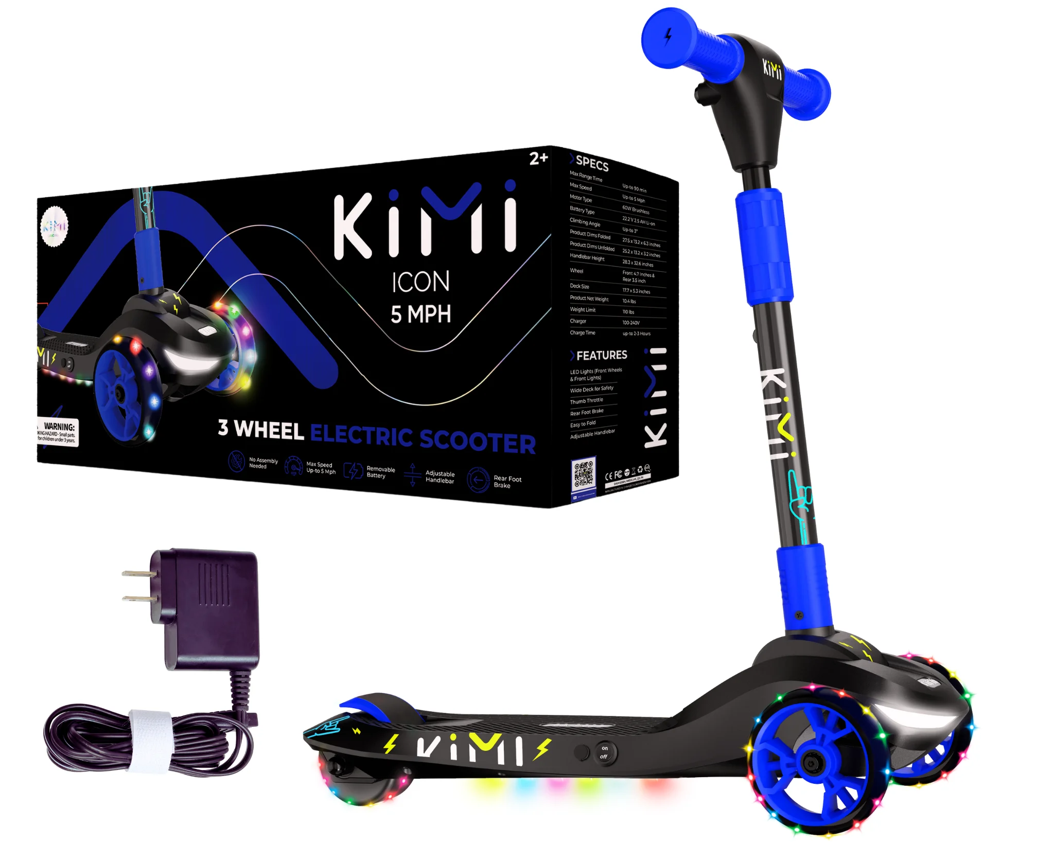 Kimi Kids 3-Wheel Electric Scooter, Ages 2-9, 5Mph, Lights, 10 Miles Range - Womvr