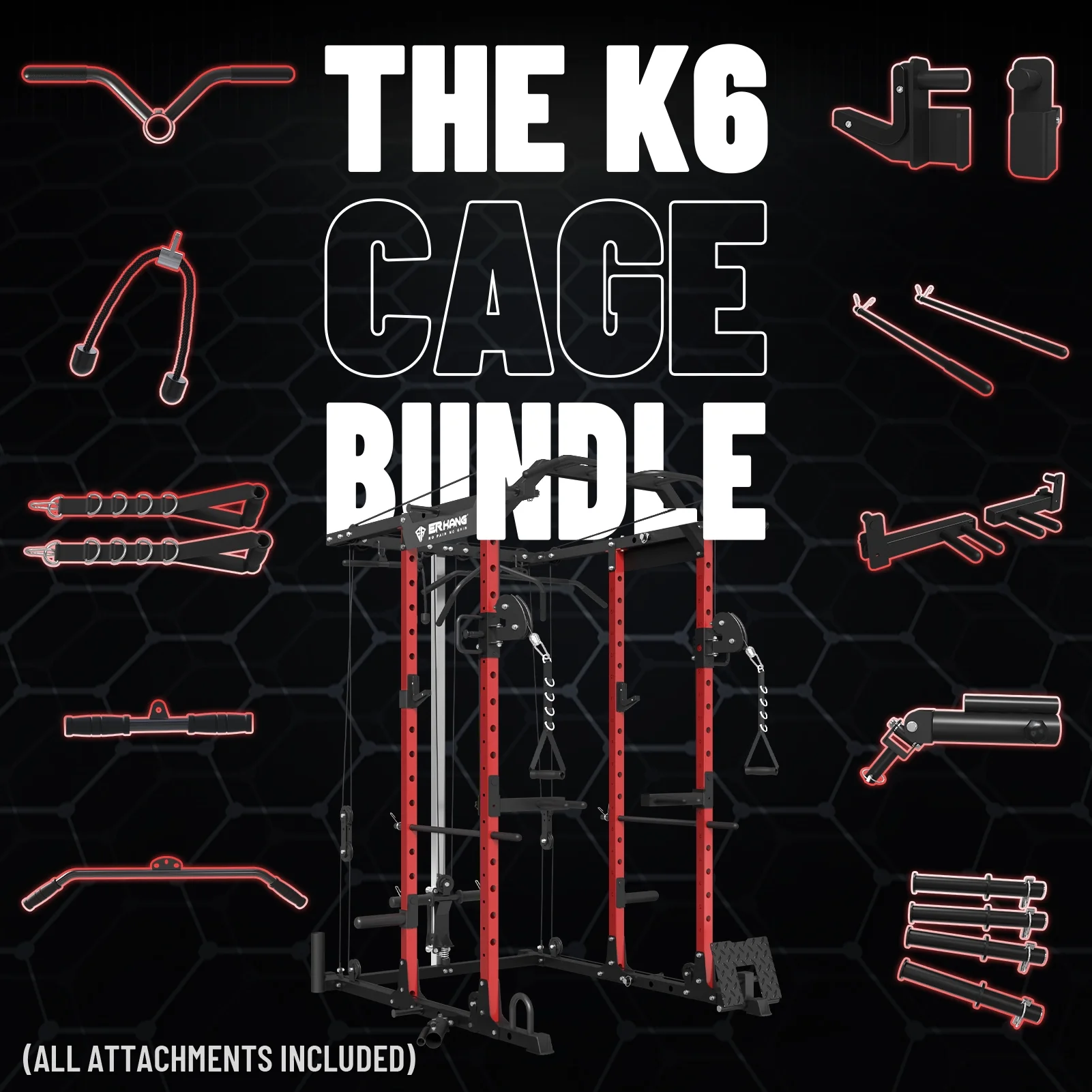 Mikolo Power Rack Cage, 1500 lbs Weight Rack with Cable Crossover Machine,Multi-Function Squat Rack with J Hooks,Dip Bars and Landmine for Home Gym (Red), Plate Loaded Machine - Womvr