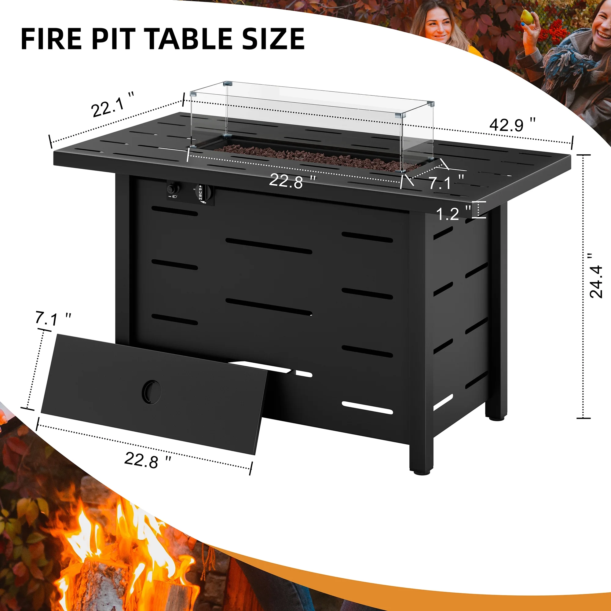 Walsunny 43 Inch Outdoor Fire Pit Table Propane Gas with Lid and Lava Rock 50000 BUT Fire Table with Glass Wind Guard and Waterproof Cover - Womvr