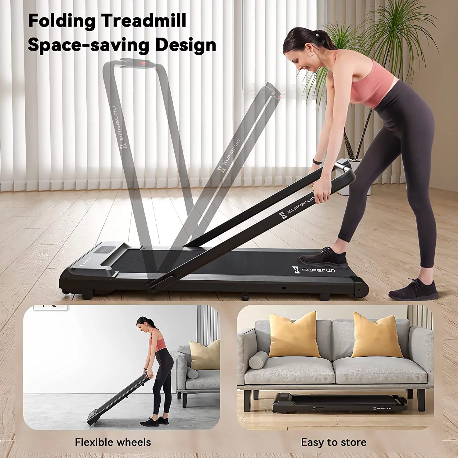 Superun 2 in 1 Folding Treadmill 3 HP Indoor Walking pad with 300lbs Capacity & APP Bracelet & Wider Running Belt(Orange) - Womvr