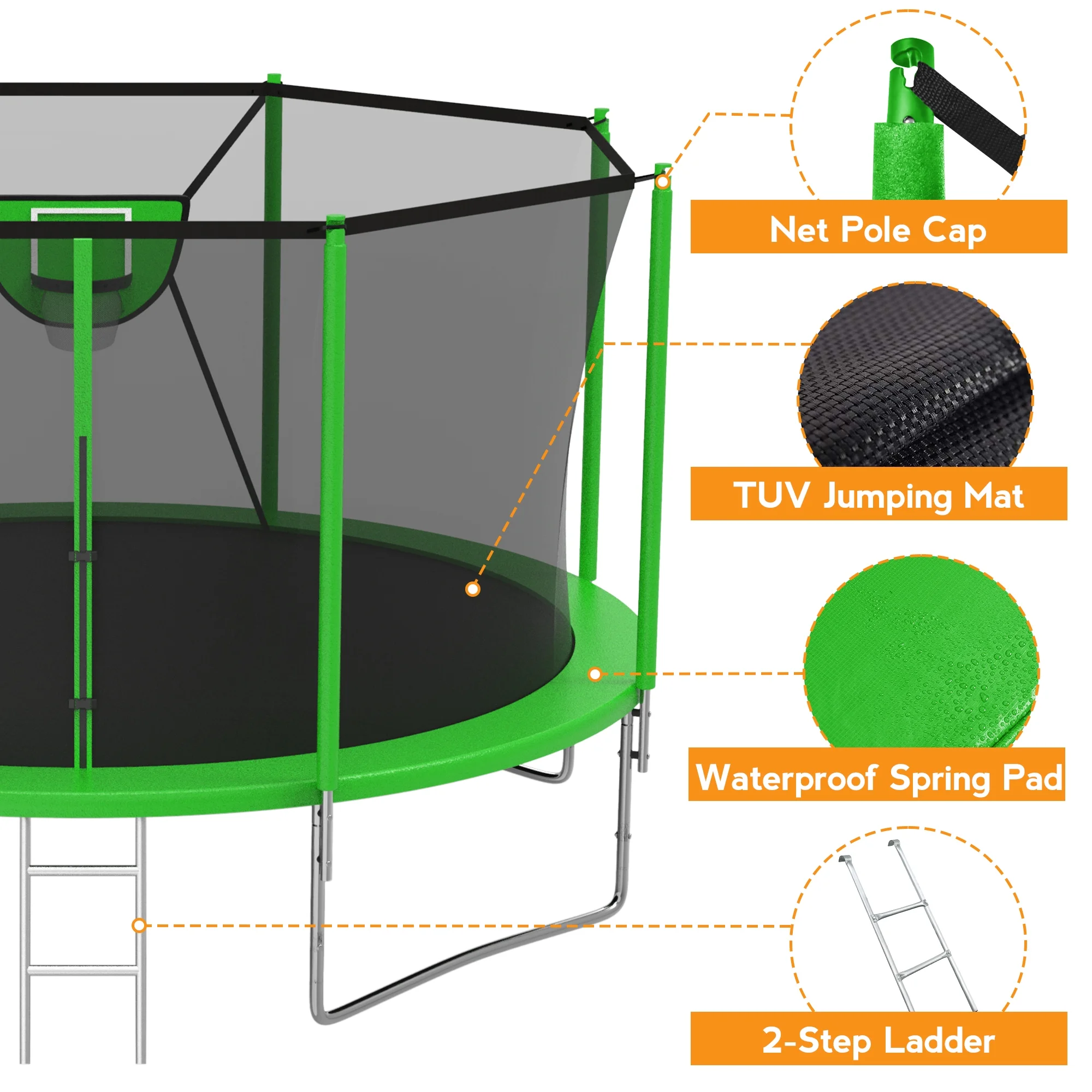 KOFUN Trampoline with Adjustable Basketball Hoop & Light, 1500lbs 10FT 12FT 14FT 16FT Trampoline for Adults and Kids, No Gap Design Backyard Trampoline with Enclosure Net, Ladder, Green - Womvr